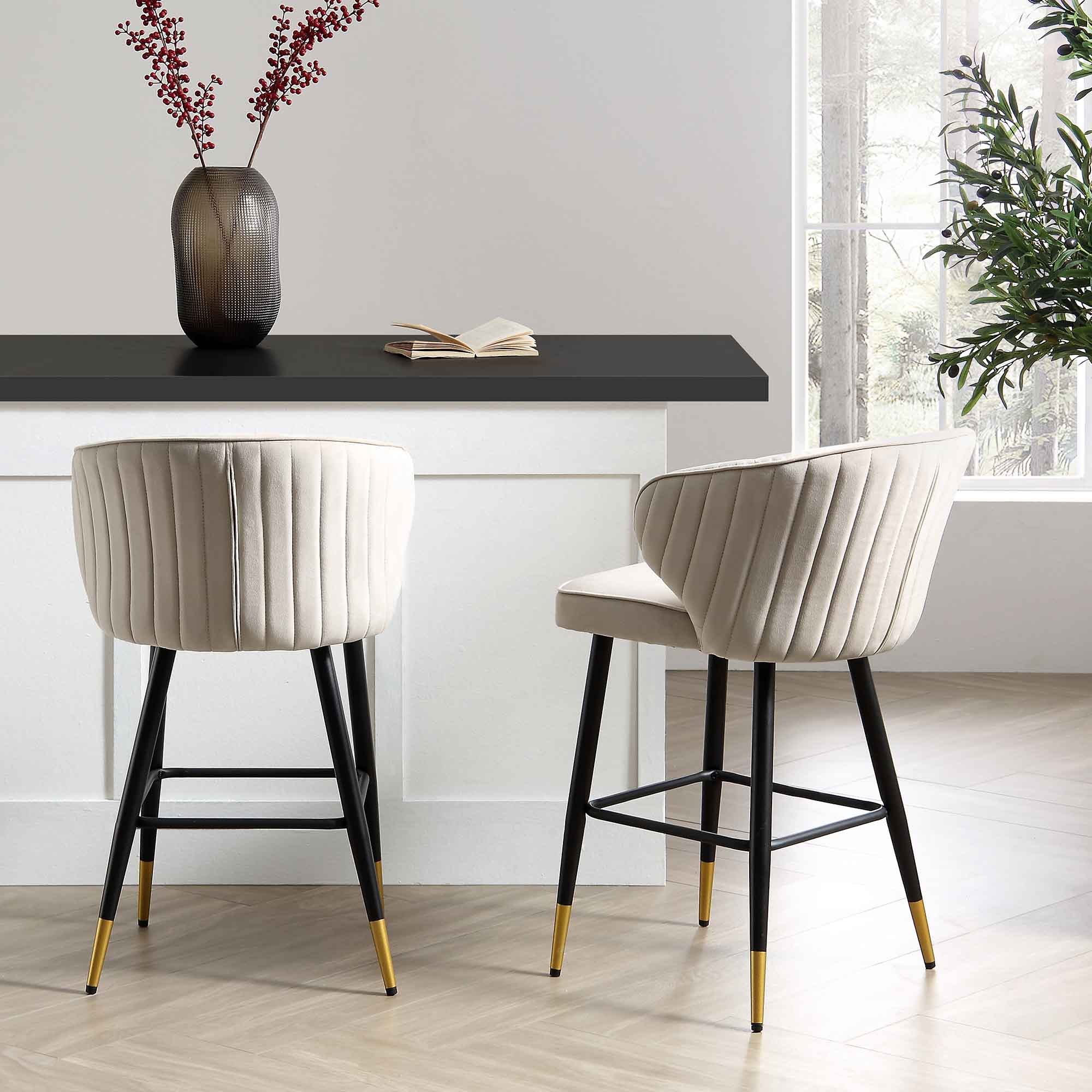 Langham Set of 2 Champagne Velvet Upholstered Carver Counter Stools - Image 2