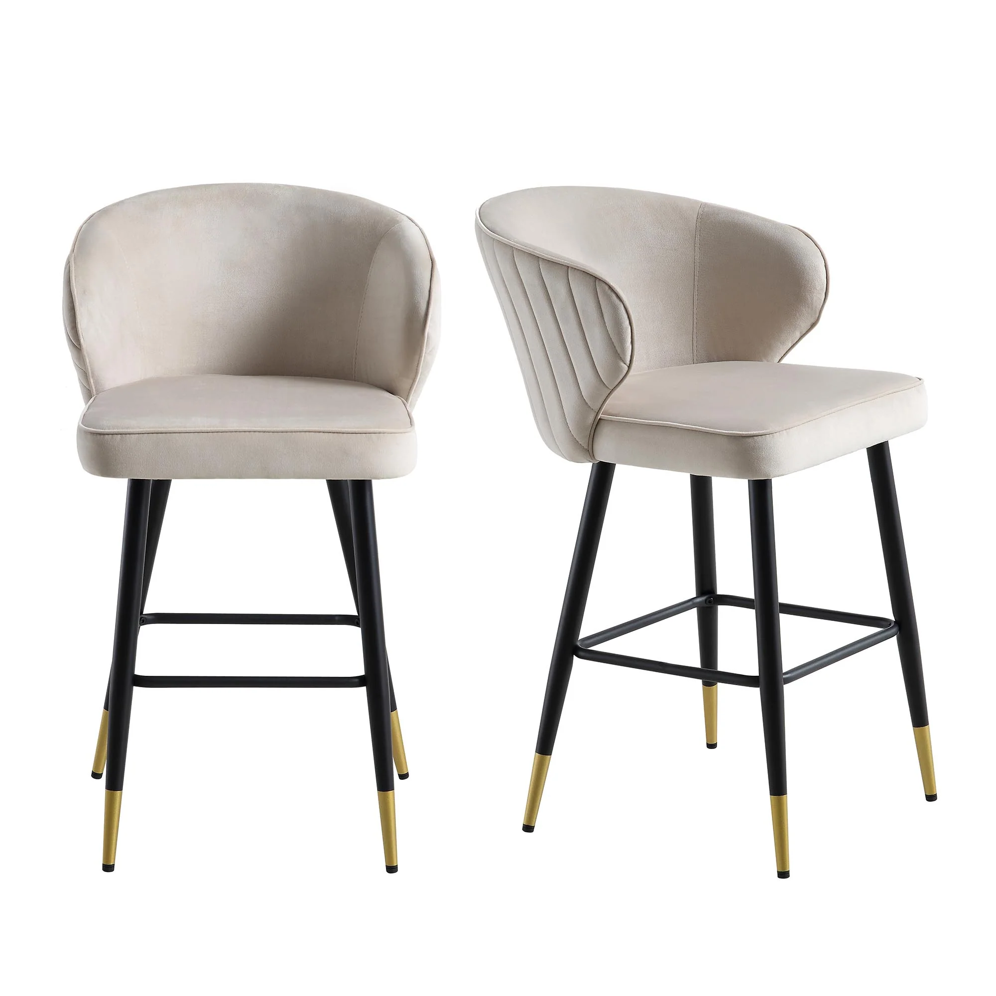 Langham Set of 2 Champagne Velvet Upholstered Carver Counter Stools - Image 3