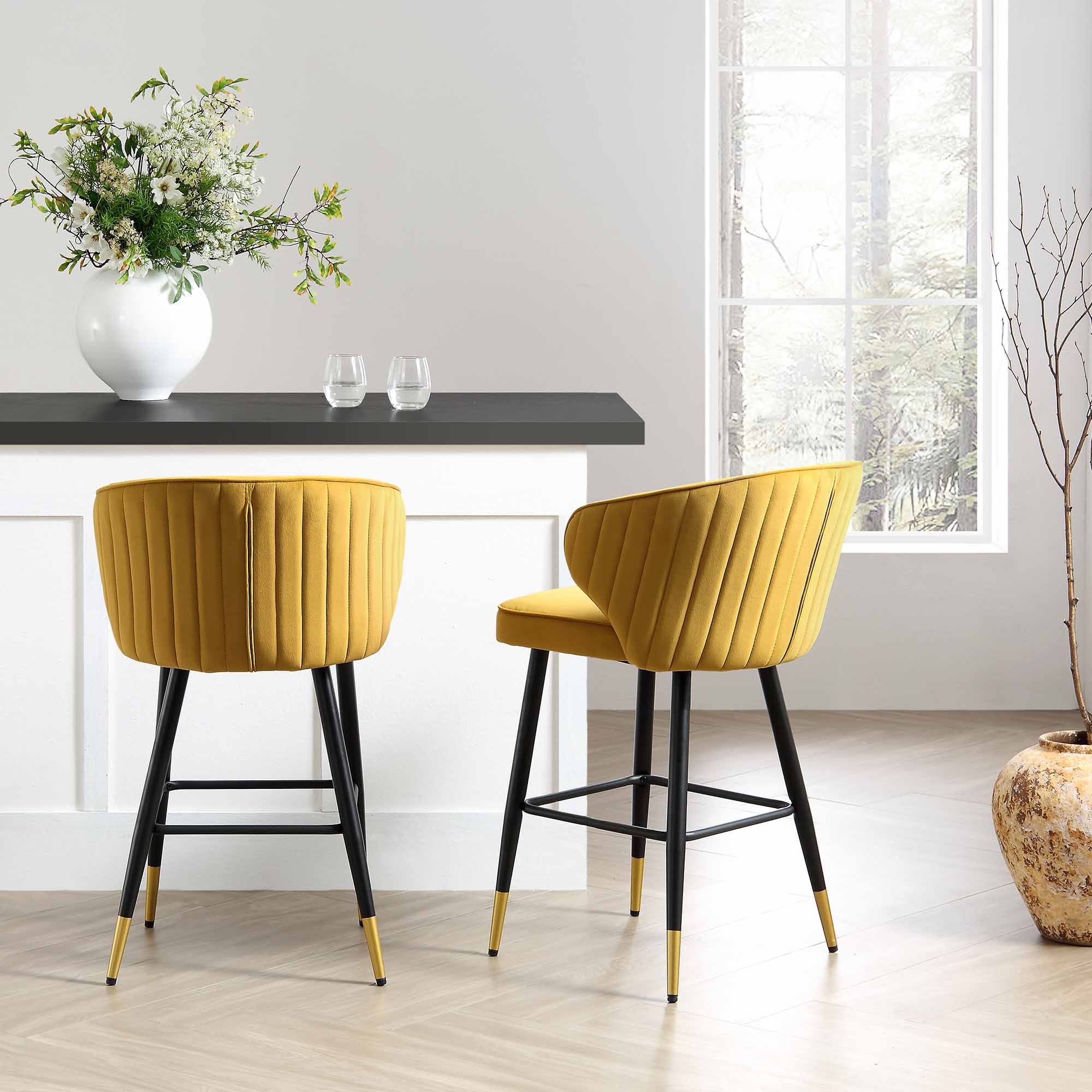 Langham Set of 2 Mustard Velvet Upholstered Carver Counter Stools - Image 2
