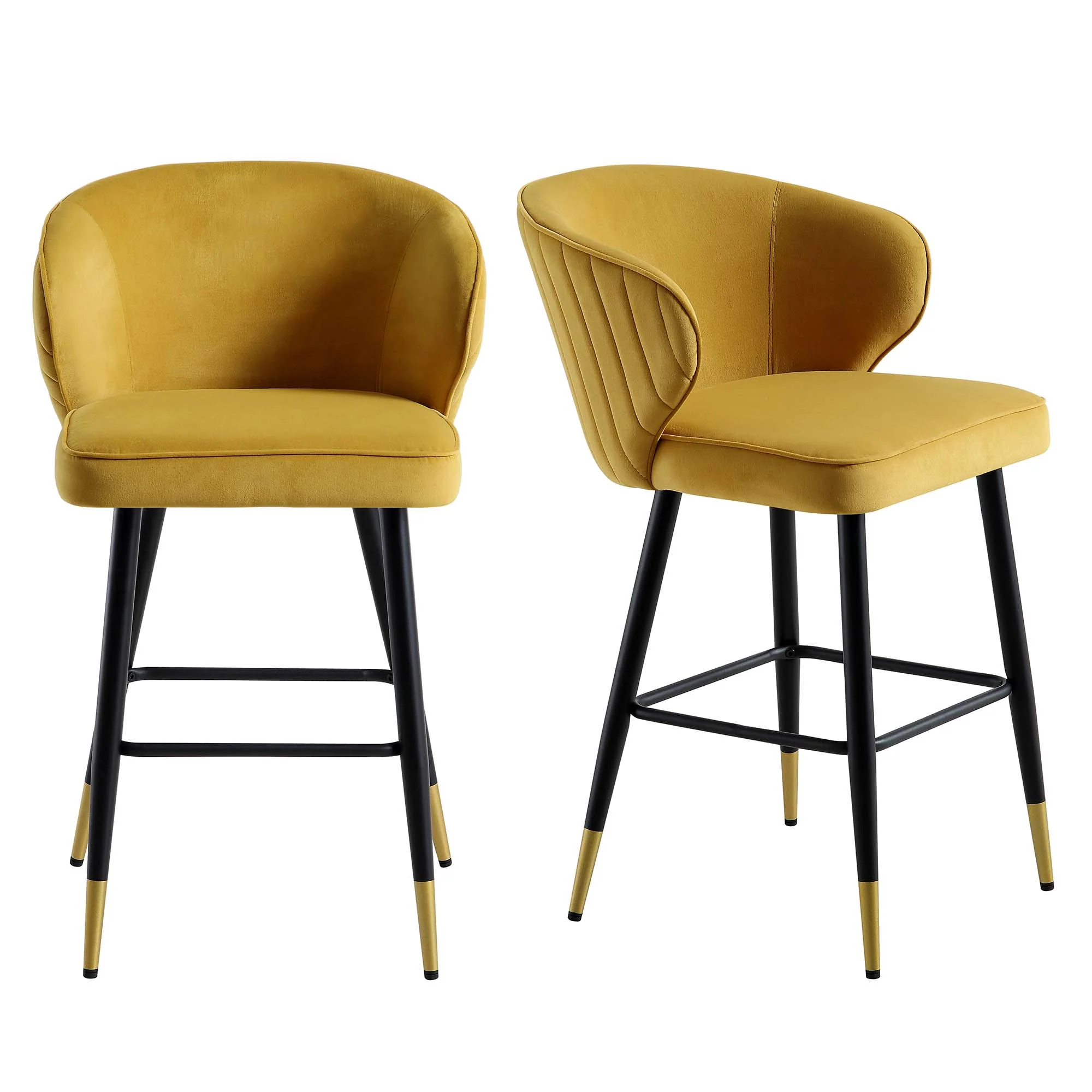 Langham Set of 2 Mustard Velvet Upholstered Carver Counter Stools - Image 3