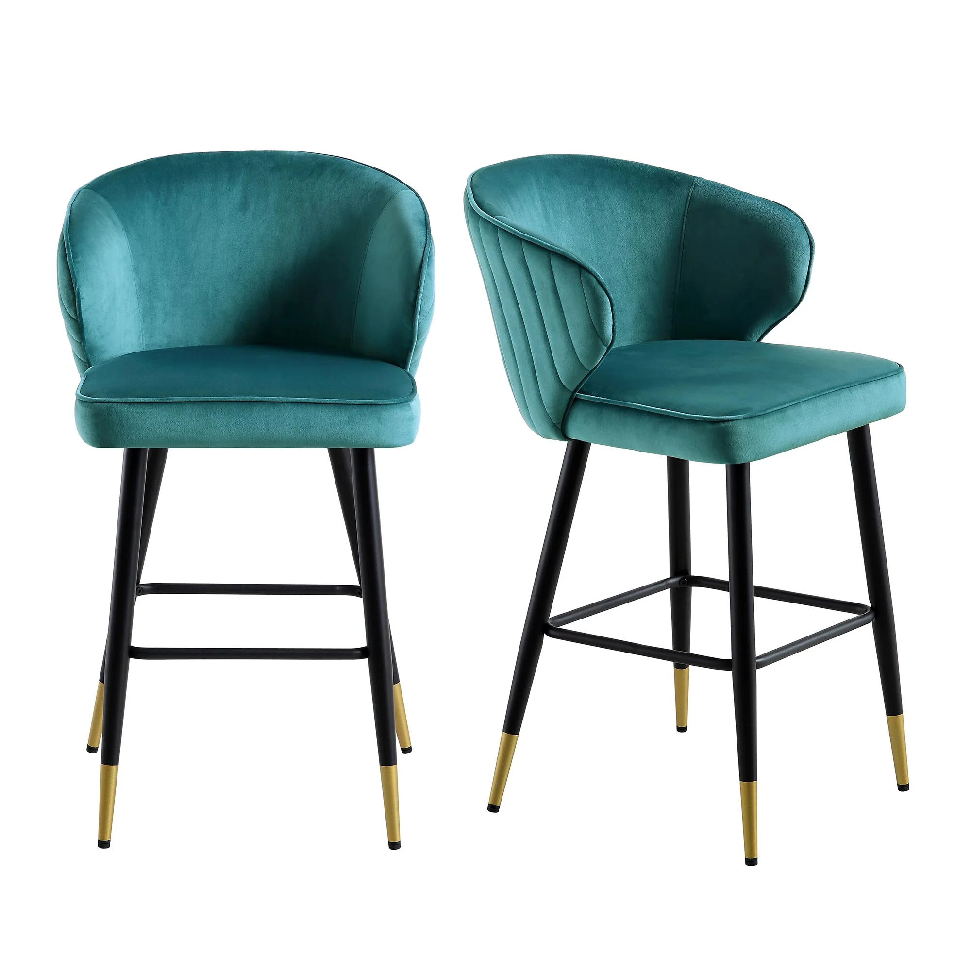 Langham Set of 2 Teal Velvet Upholstered Carver Counter Stools - Image 3