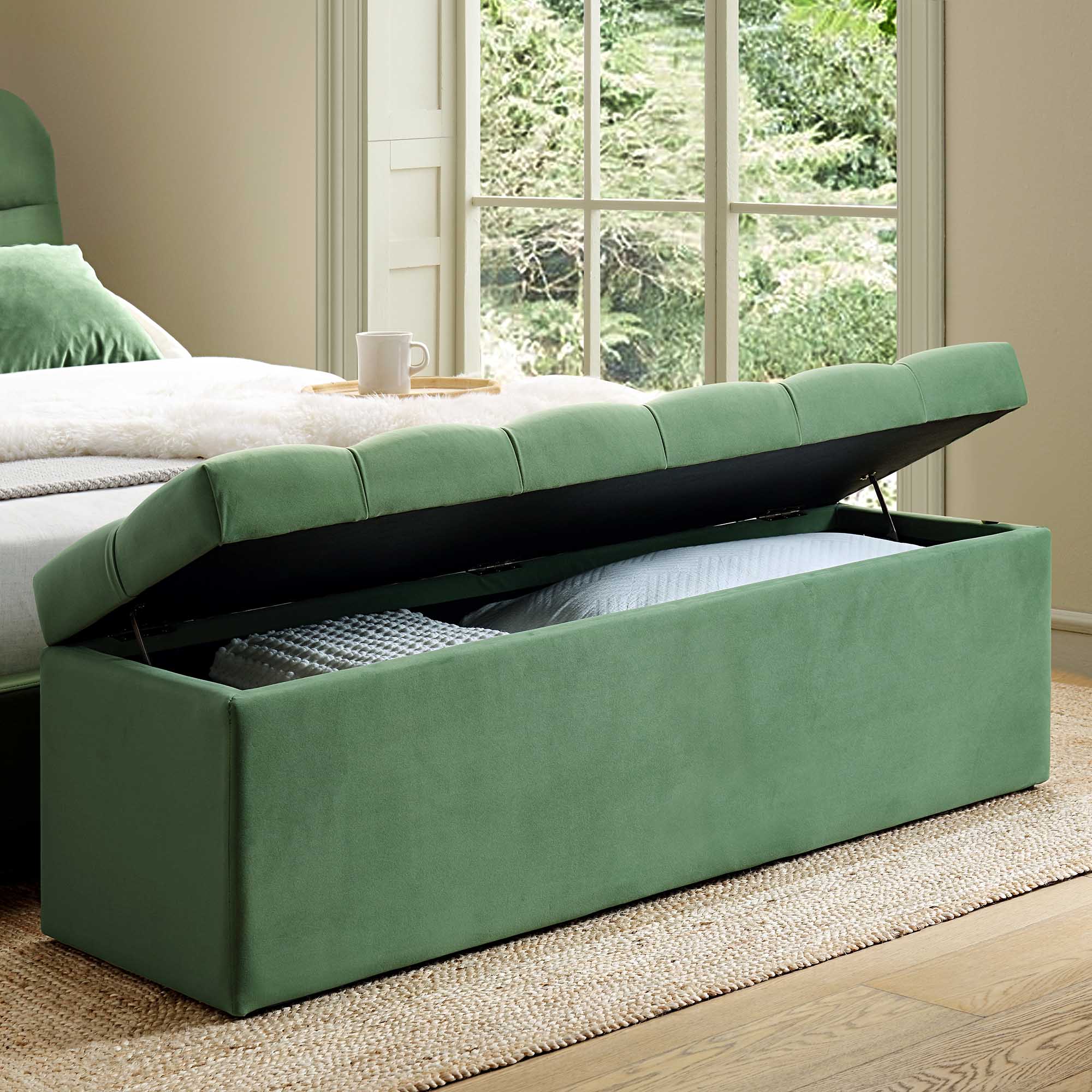 Leamington Deep-Buttoned Ottoman Storage Bench, Meadow Green Velvet - Image 2