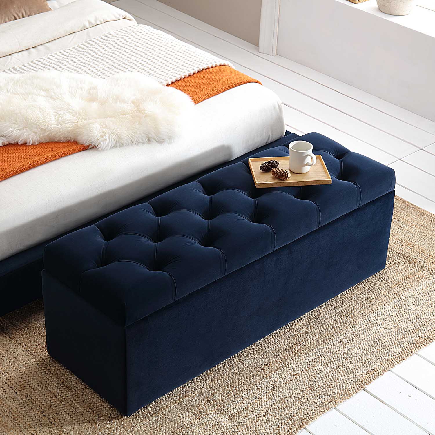 Leamington Deep-Buttoned Ottoman Storage Bench, Midnight Blue Velvet - Image 2