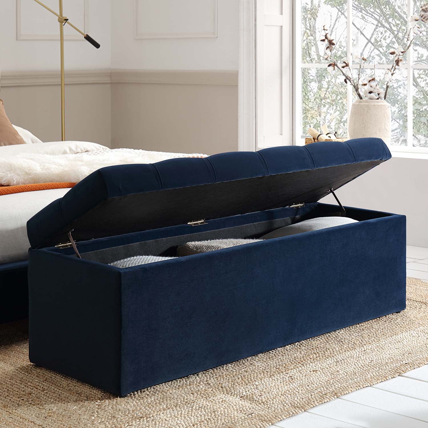 Leamington Deep-Buttoned Ottoman Storage Bench, Midnight Blue Velvet - Image 3