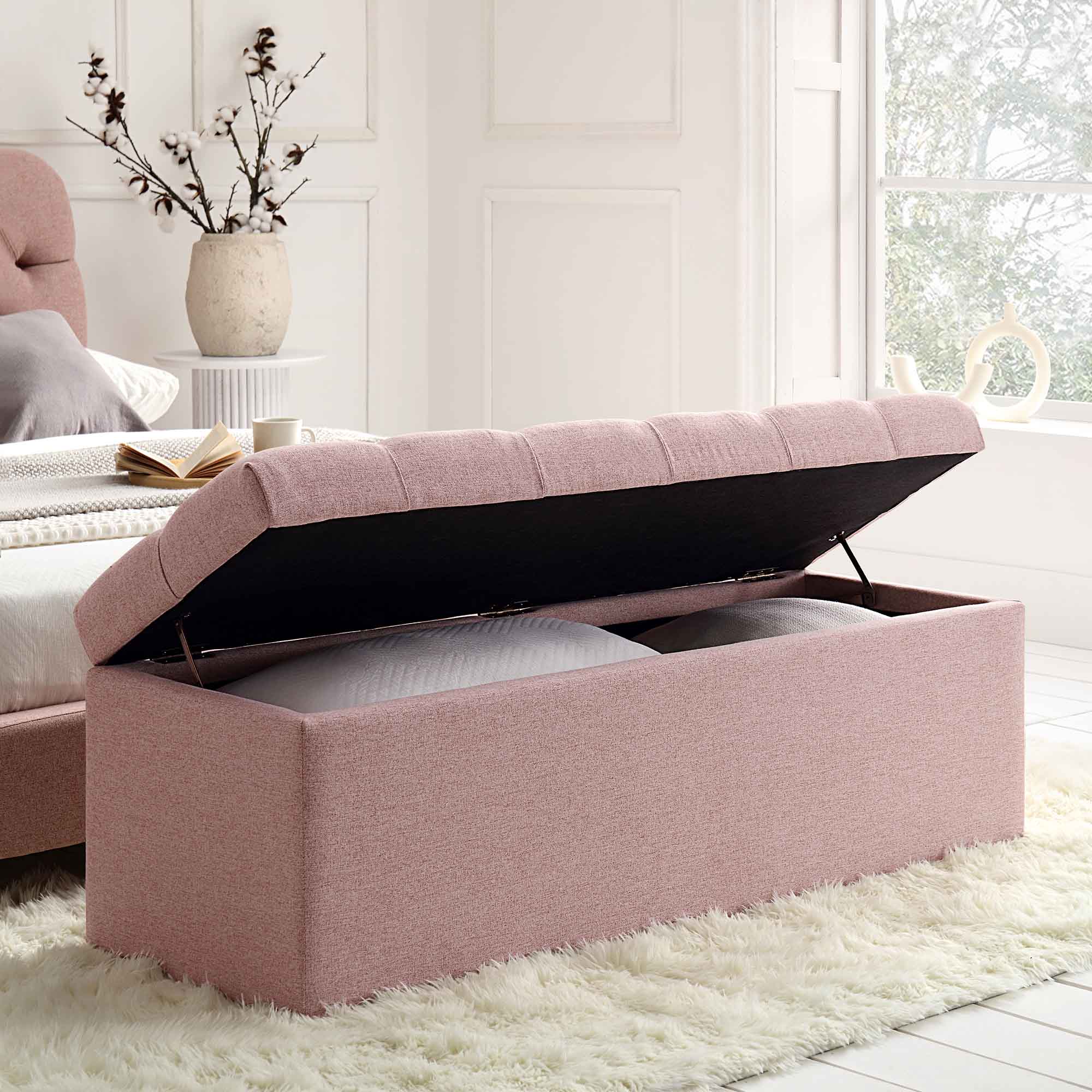 Leamington Deep-Buttoned Ottoman Storage Bench, Rosewater Pink Fabric - Image 2