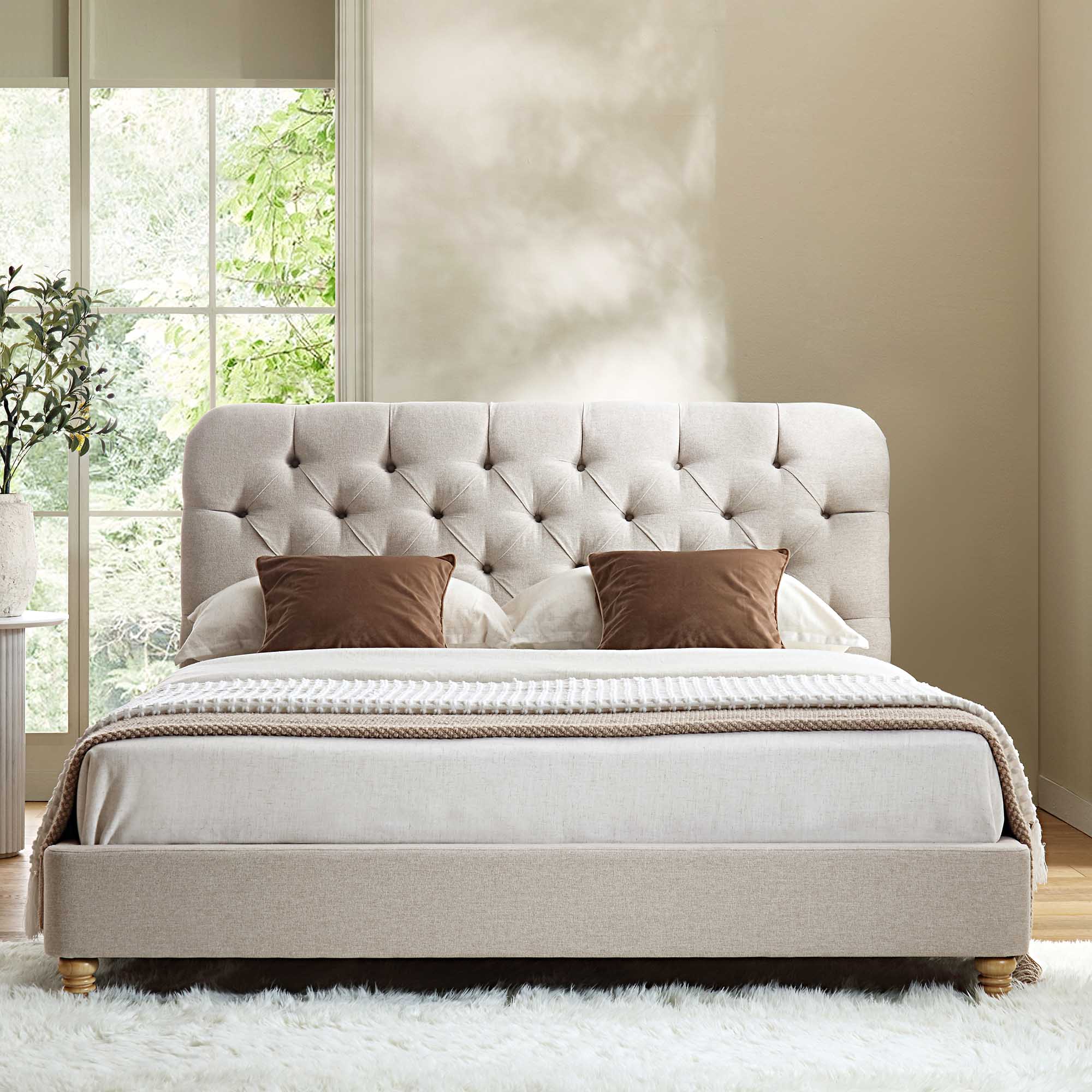 Leamington Deep-Buttoned Upholstered Bed, Oatmeal Fabric - Image 2