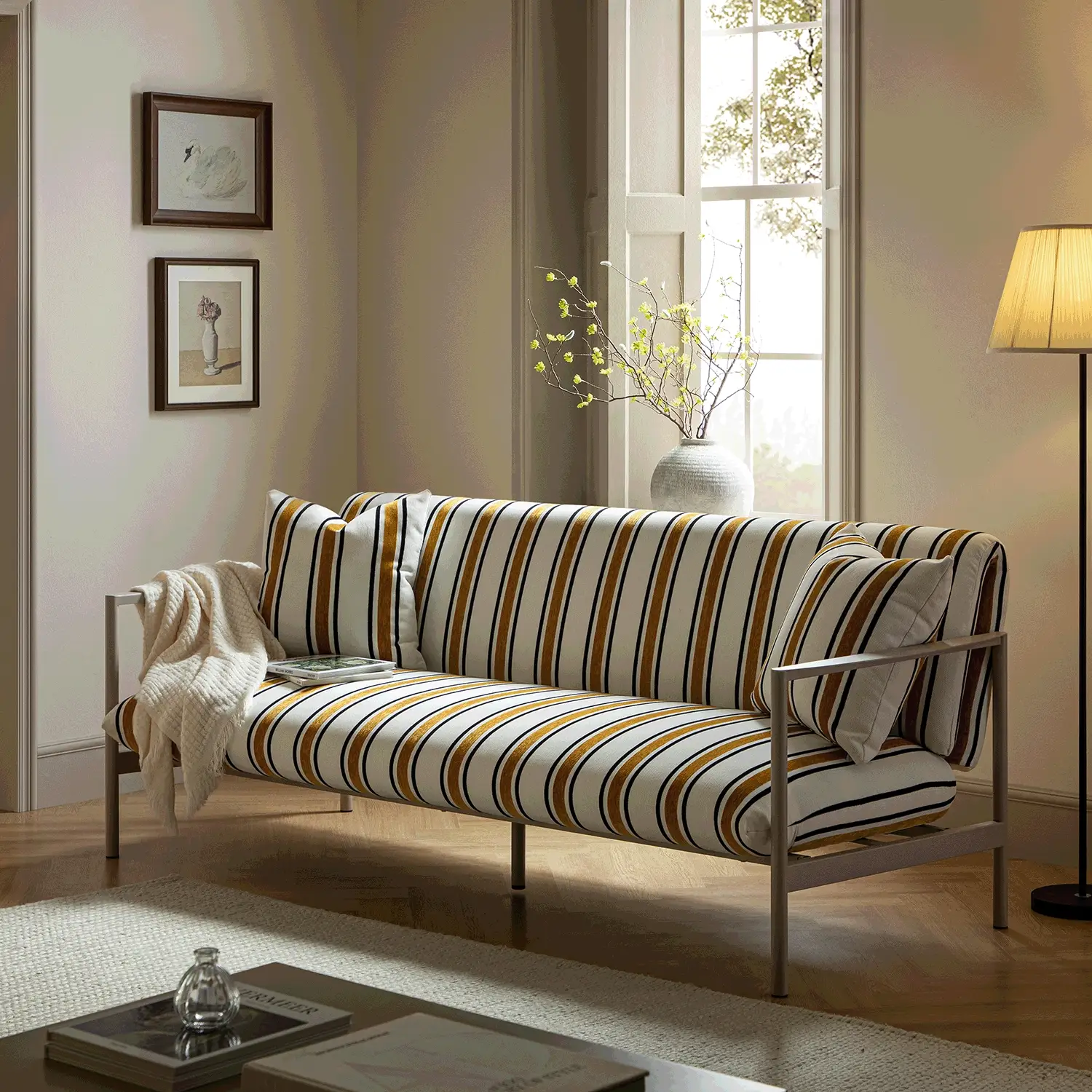 Linea Three Seater Sofa Bed, Amber Striped Chenille - Image 2