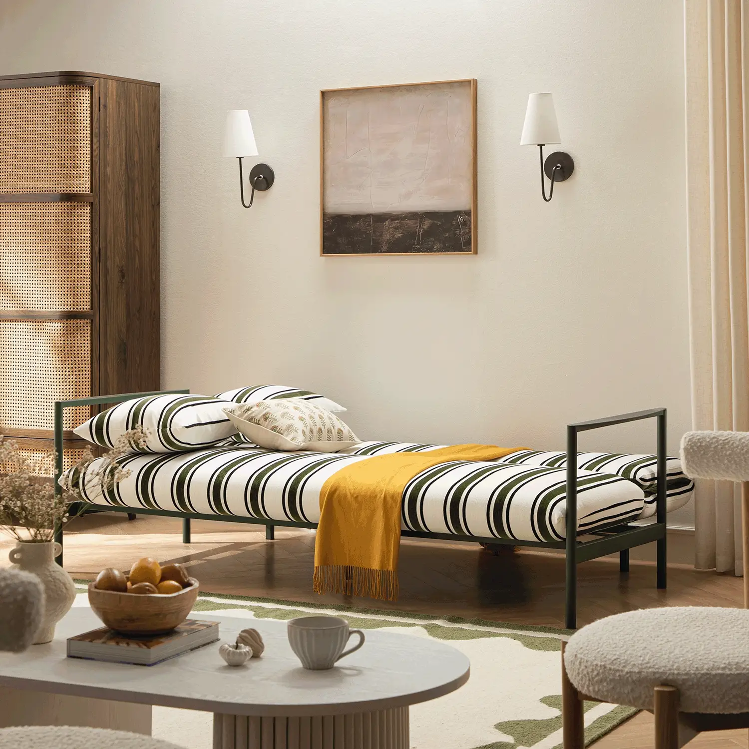 Linea Three Seater Sofa Bed, Forest Green Striped Chenille - Image 2