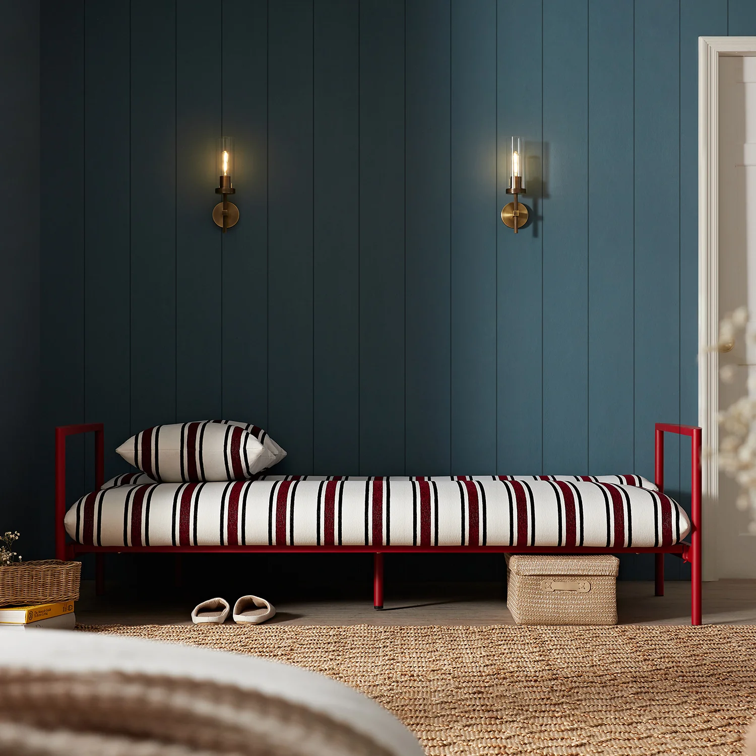 Linea Three Seater Sofa Bed, Maroon Red Striped Chenille - Image 4