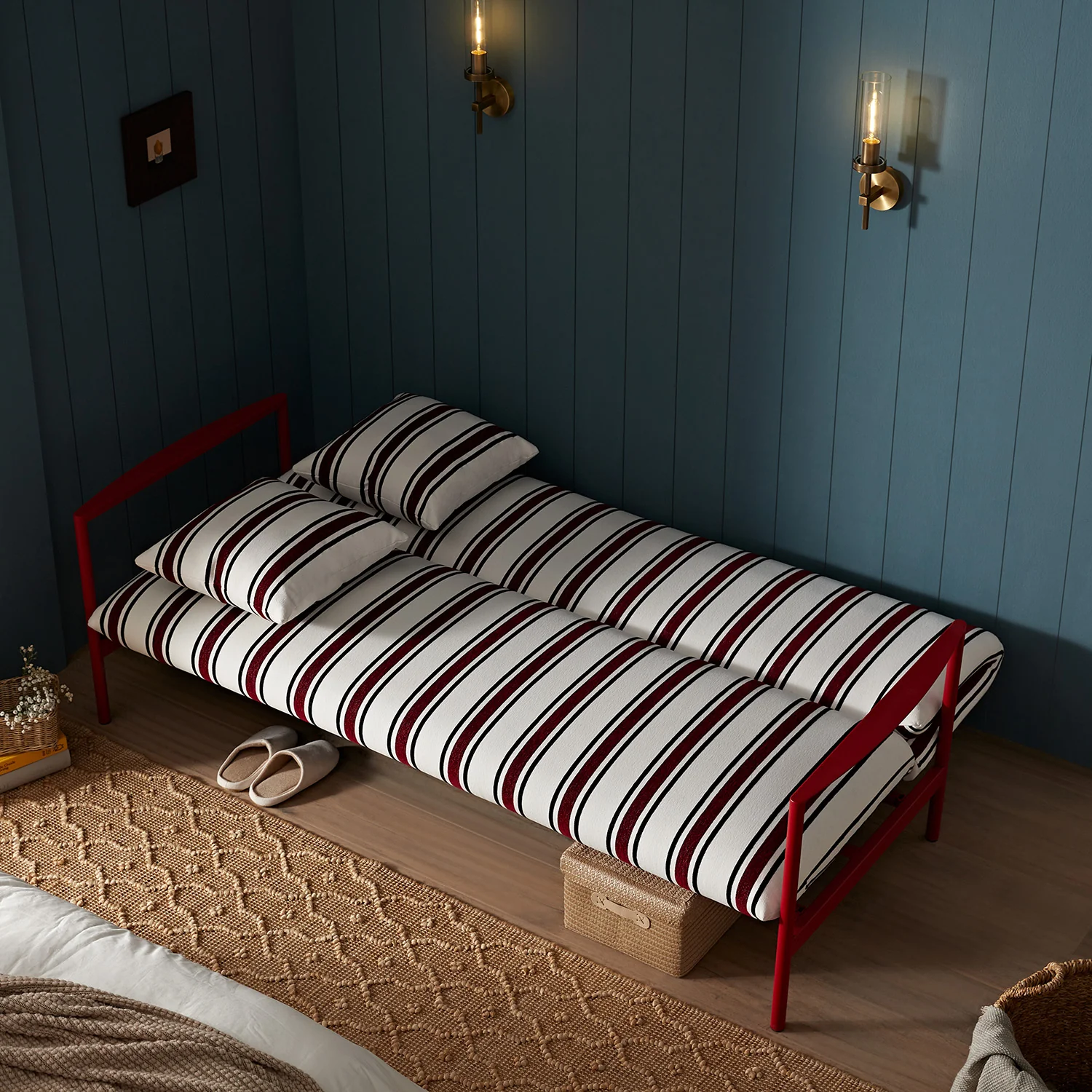 Linea Three Seater Sofa Bed, Maroon Red Striped Chenille - Image 5