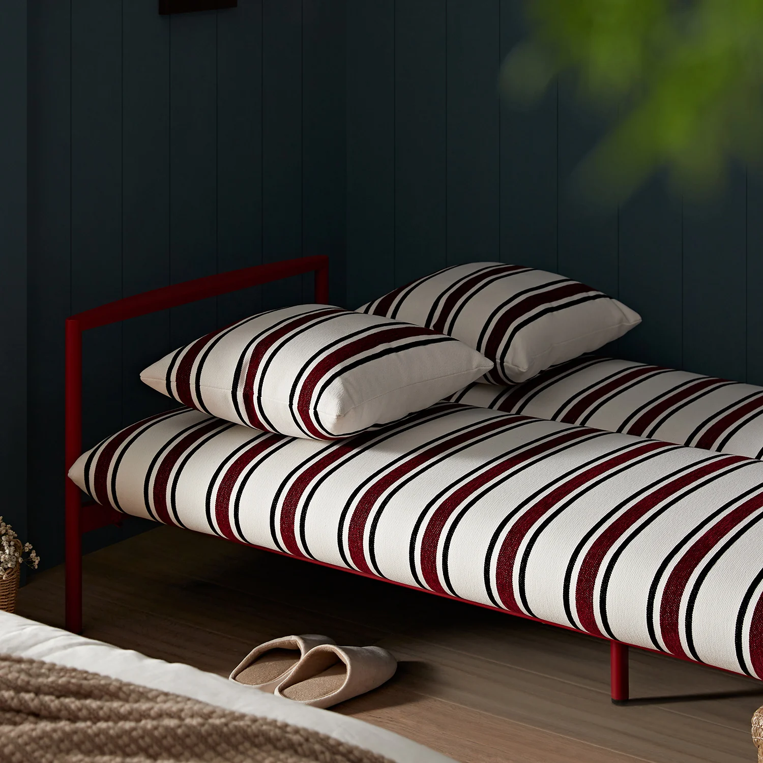 Linea Three Seater Sofa Bed, Maroon Red Striped Chenille - Image 7