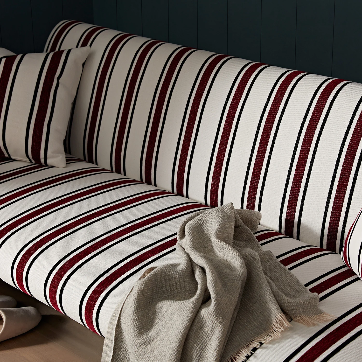 Linea Three Seater Sofa Bed, Maroon Red Striped Chenille - Image 9