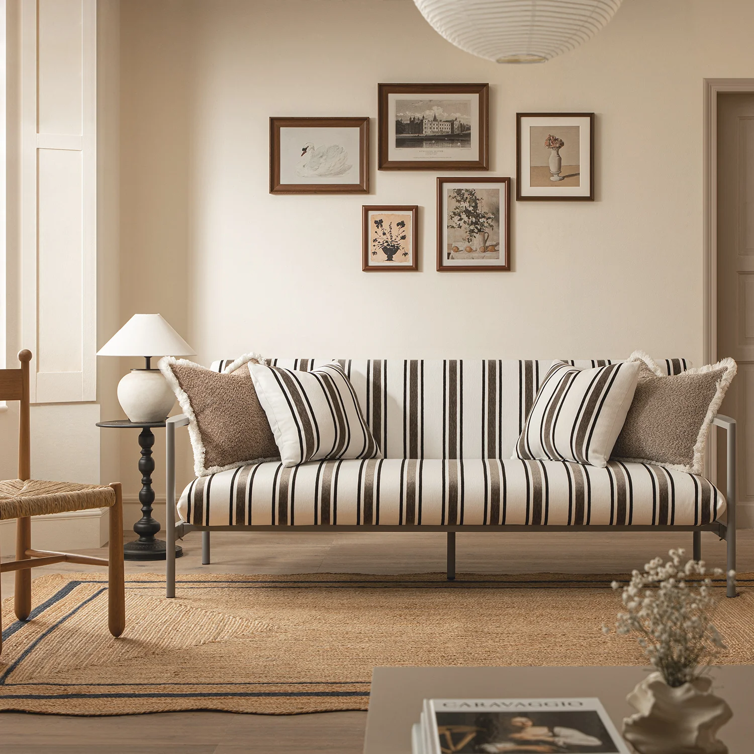 Linea Three Seater Sofa Bed, Taupe Striped Chenille - Image 2