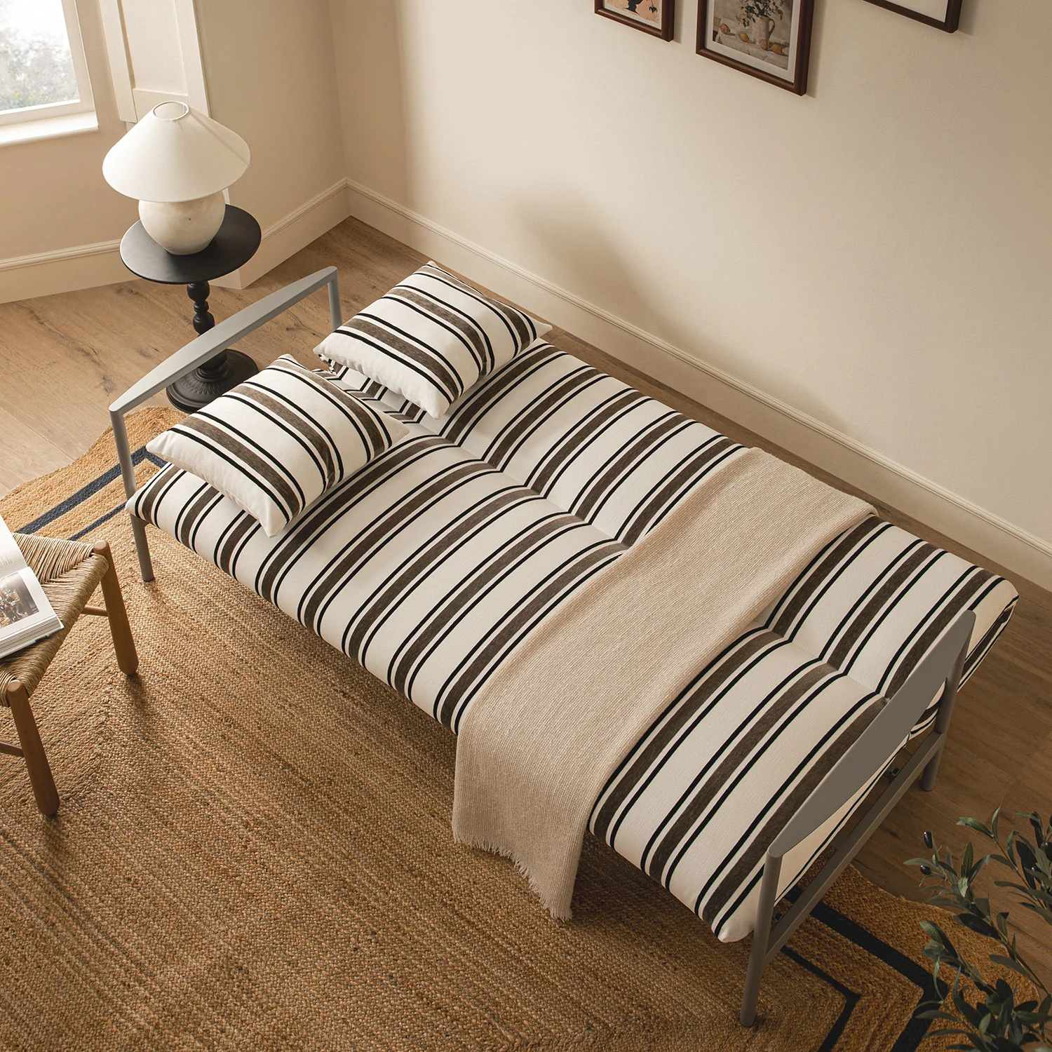 Linea Three Seater Sofa Bed, Taupe Striped Chenille - Image 4
