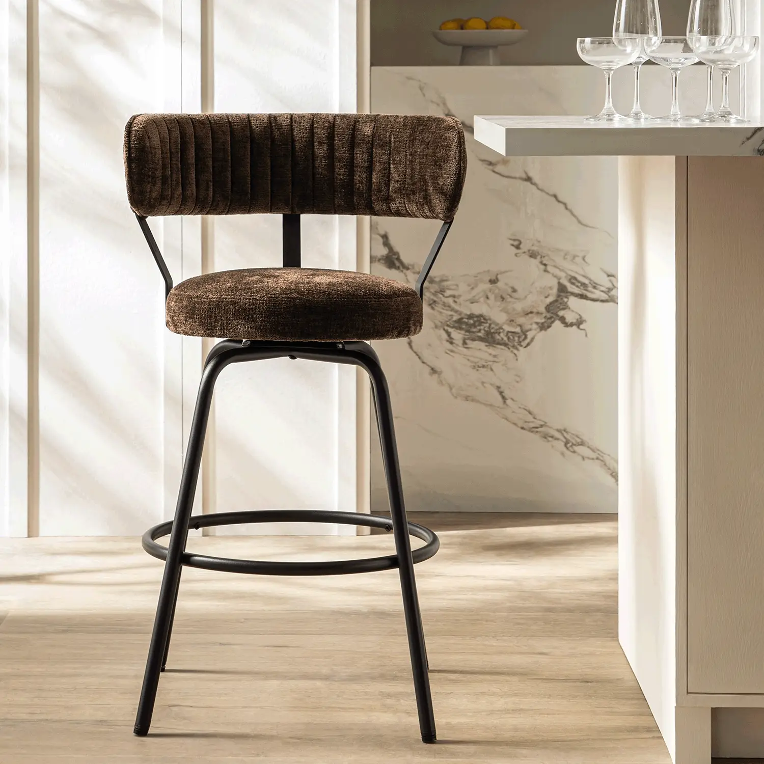Lotte Set of 2 Swivel Counter Stools, Dark Mocha Chenille - Image 3