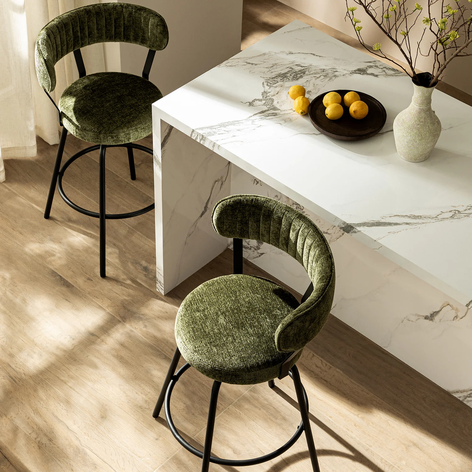 Lotte Set of 2 Swivel Counter Stools, Moss Green Chenille - Image 3