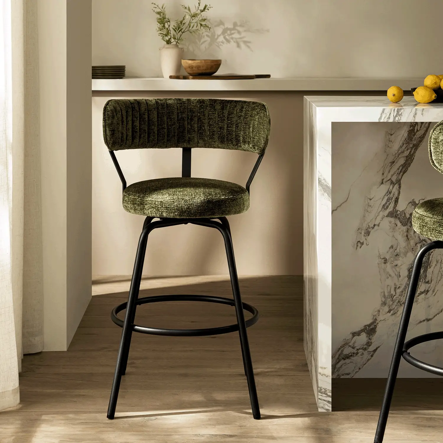 Lotte Set of 2 Swivel Counter Stools, Moss Green Chenille - Image 4