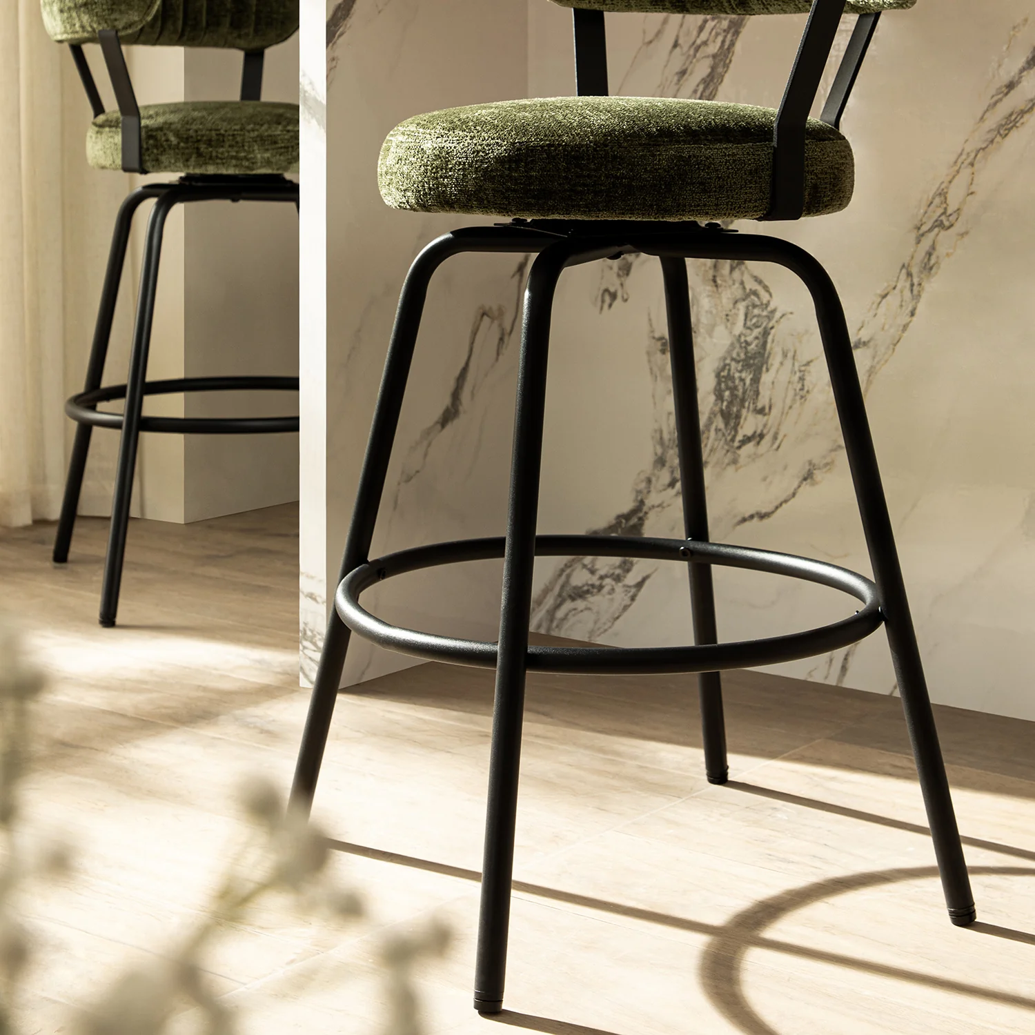 Lotte Set of 2 Swivel Counter Stools, Moss Green Chenille - Image 6