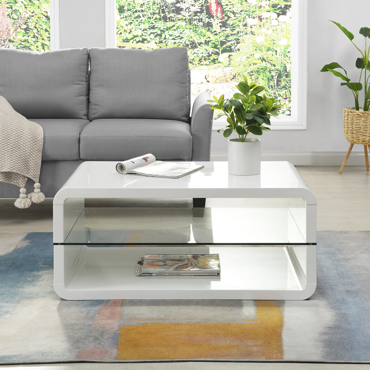 Lucent White High Gloss and Glass Shelf Coffee Table - Image 2