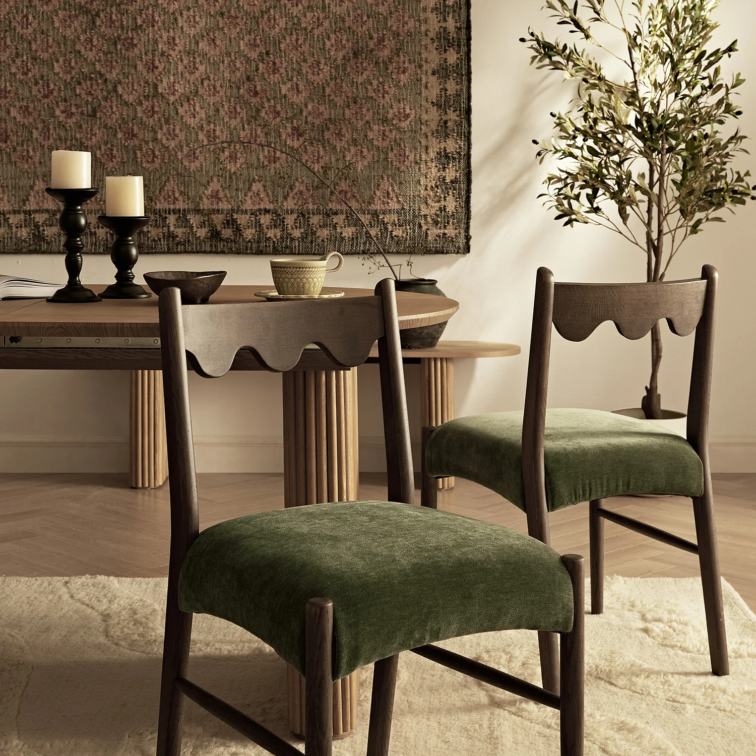 Ludlow Set of 2 Dining Chairs, Forest Green Chenille | Dark Walnut - Image 2