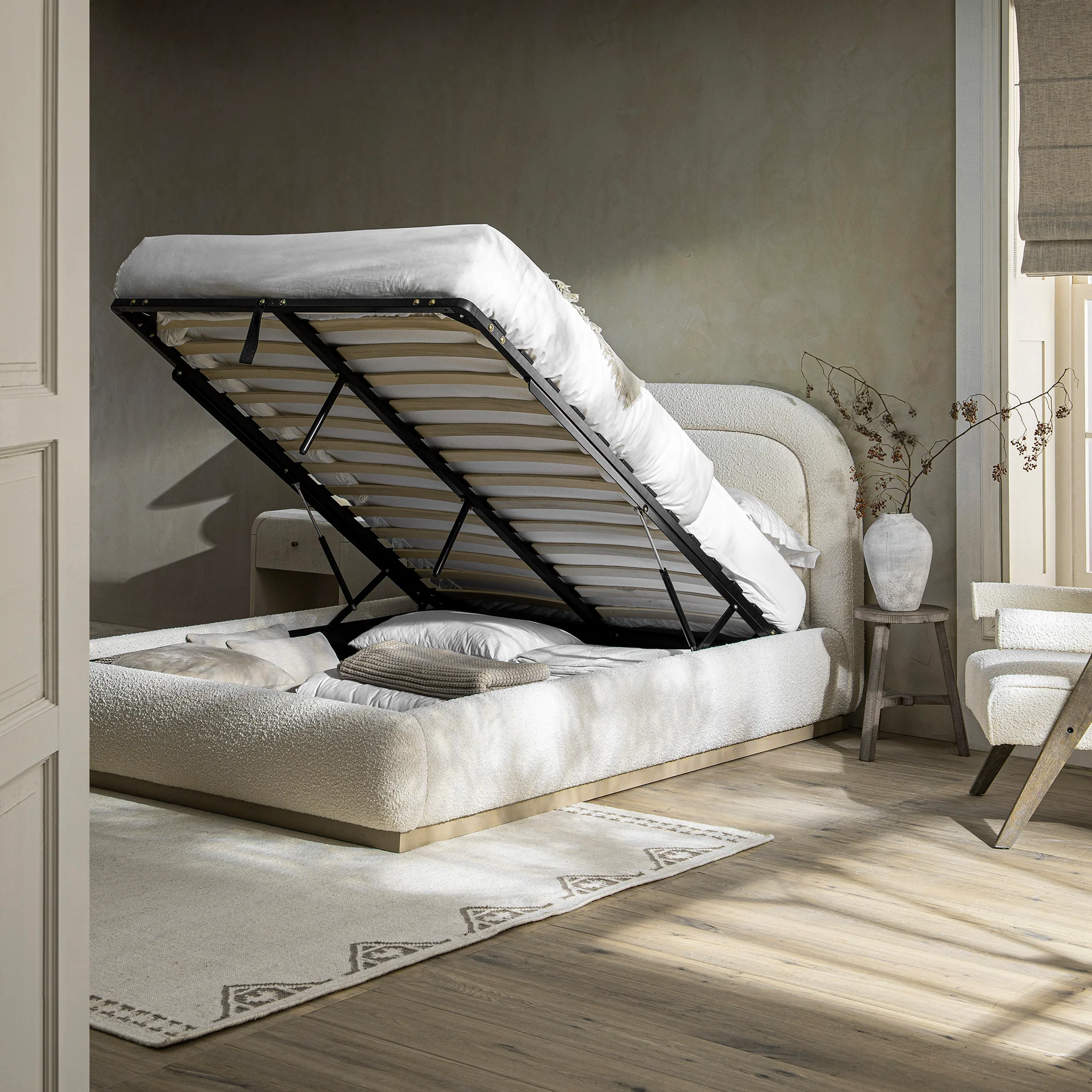 Luella Upholstered Wooden Plinth Base Storage Bed, Ecru Boucle - Image 3