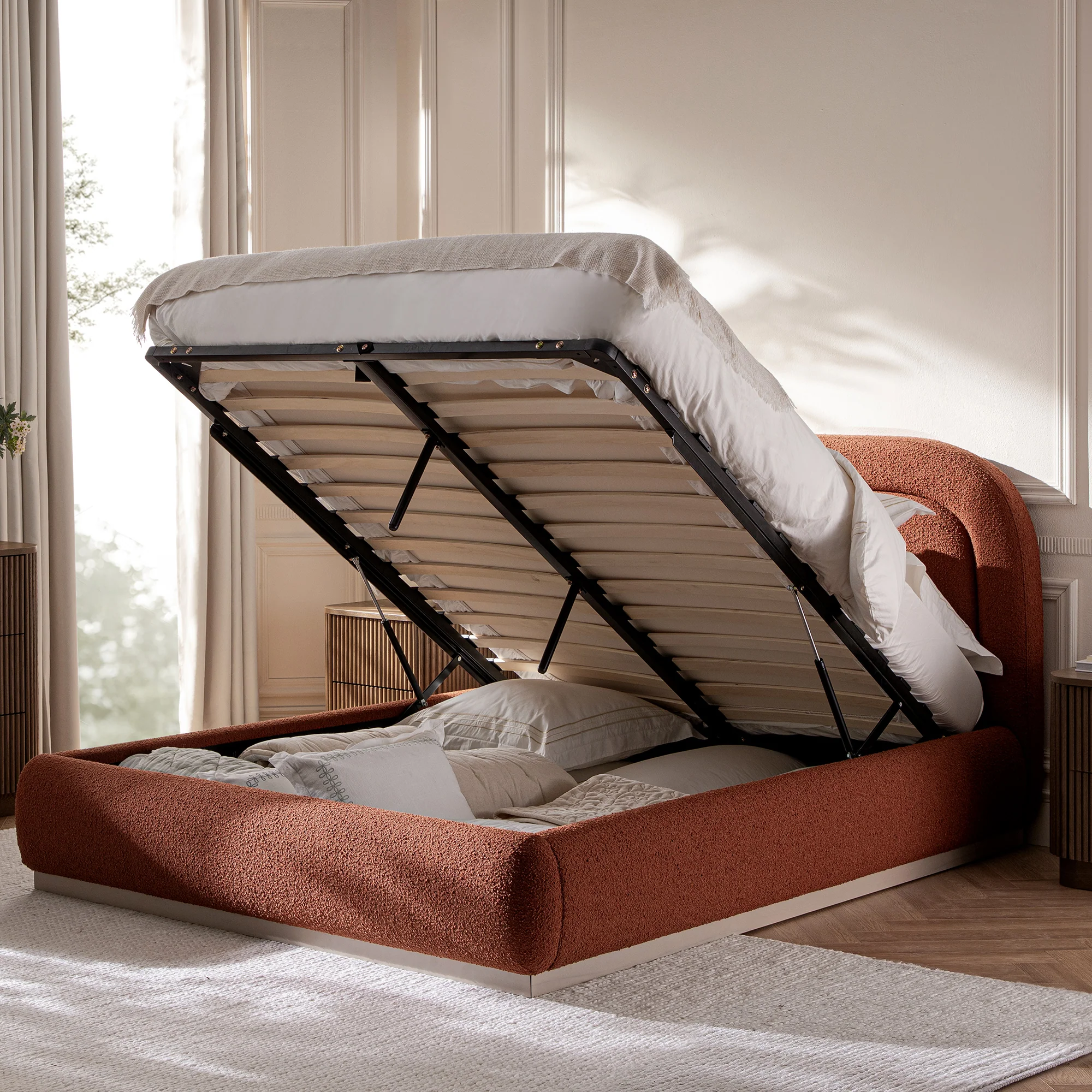 Luella Upholstered Wooden Plinth Base Storage Bed, Rust Boucle - Image 3