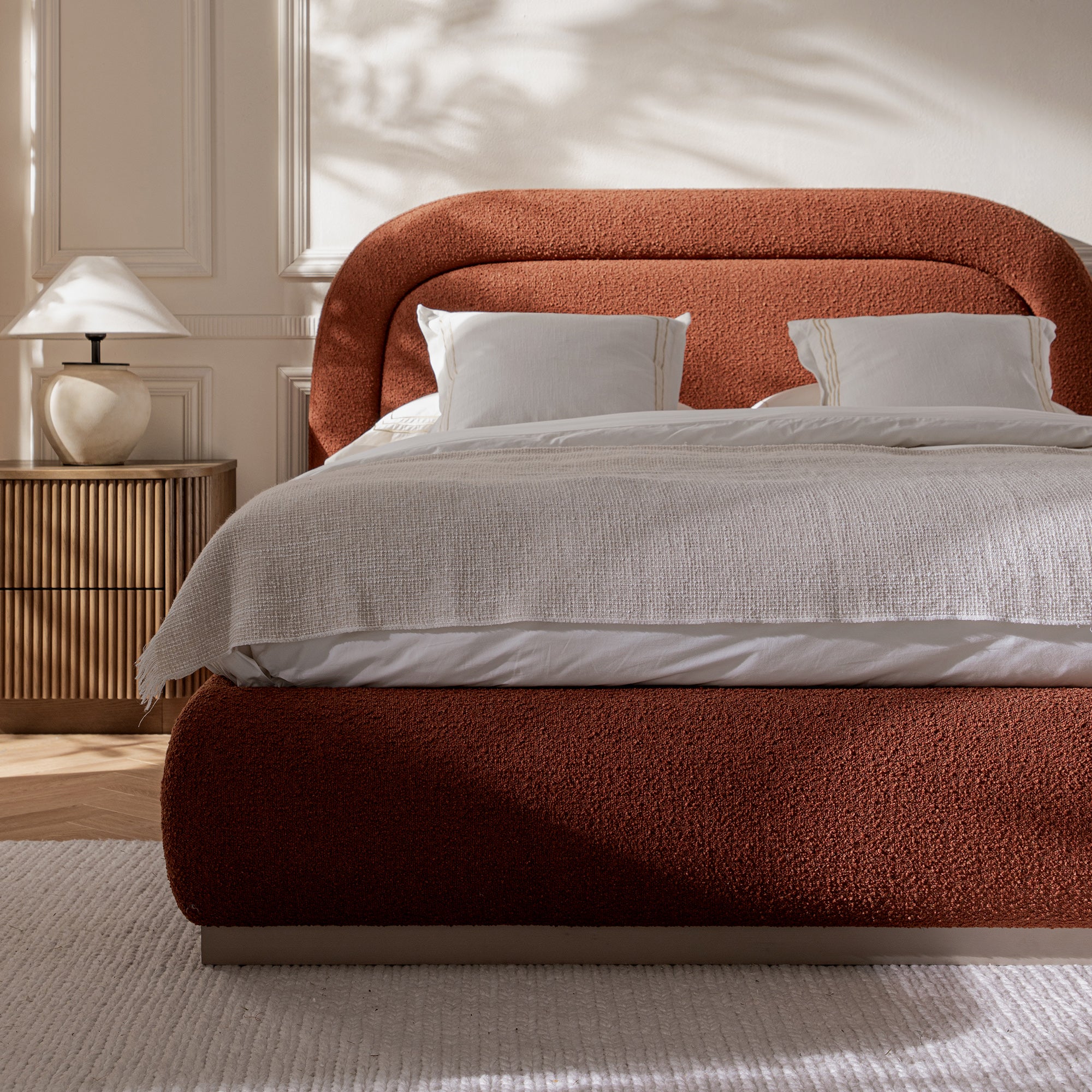 Luella Upholstered Wooden Plinth Base Storage Bed, Rust Boucle - Image 4