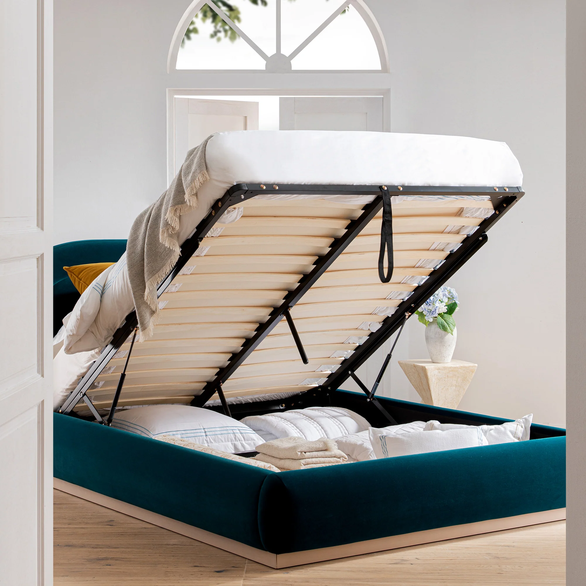 Luella Upholstered Wooden Plinth Base Storage Bed, Teal Velvet - Image 3