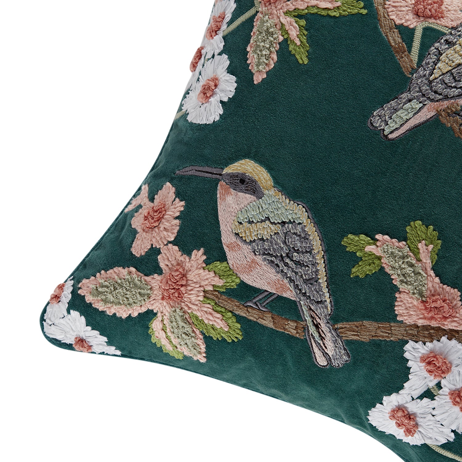 Lula Teal Meadow Serenade Embroidered Cotton Velvet Cushion - Image 2