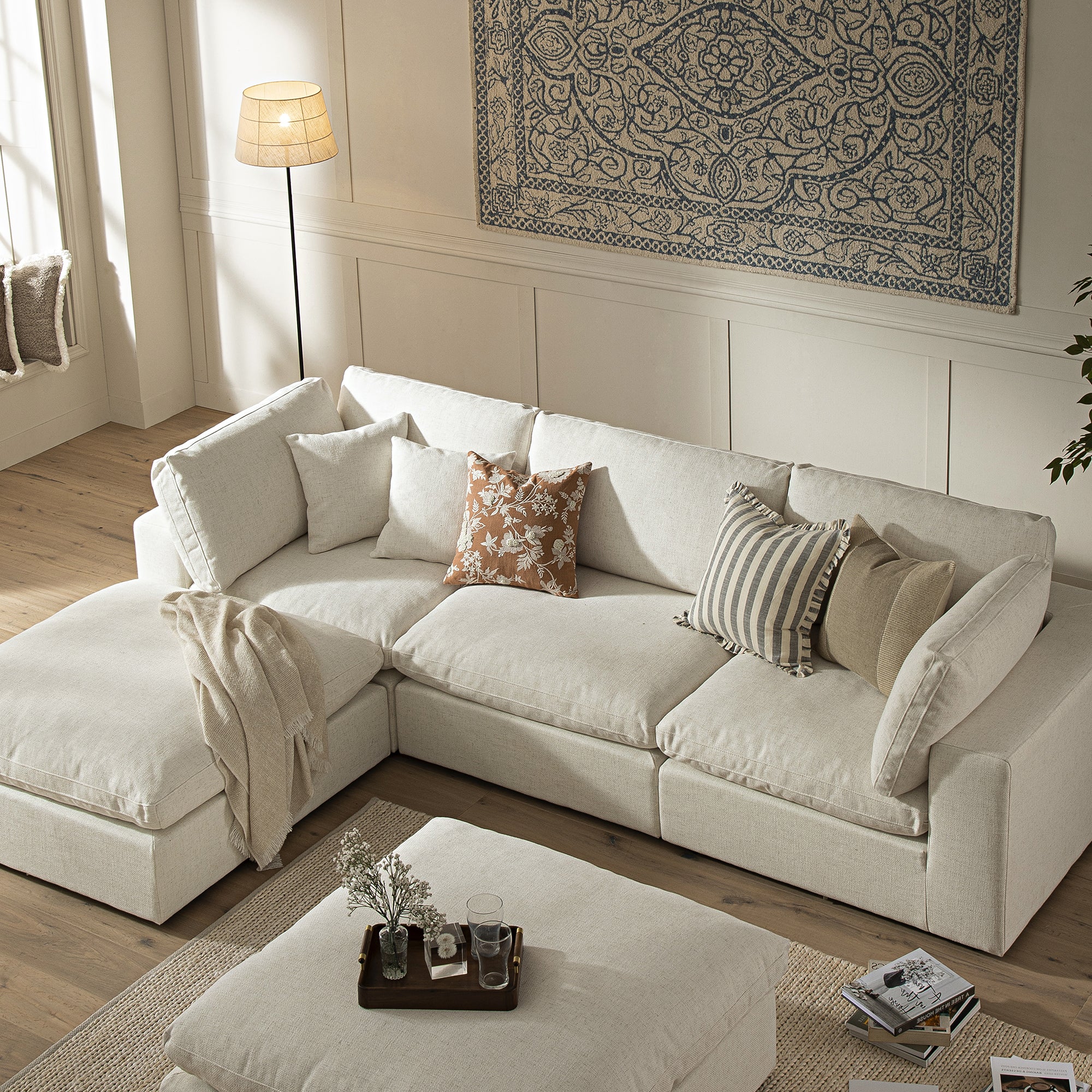 Lutyens Beige Linen Blend Modular Sofa, 3-Piece Chaise - Image 4