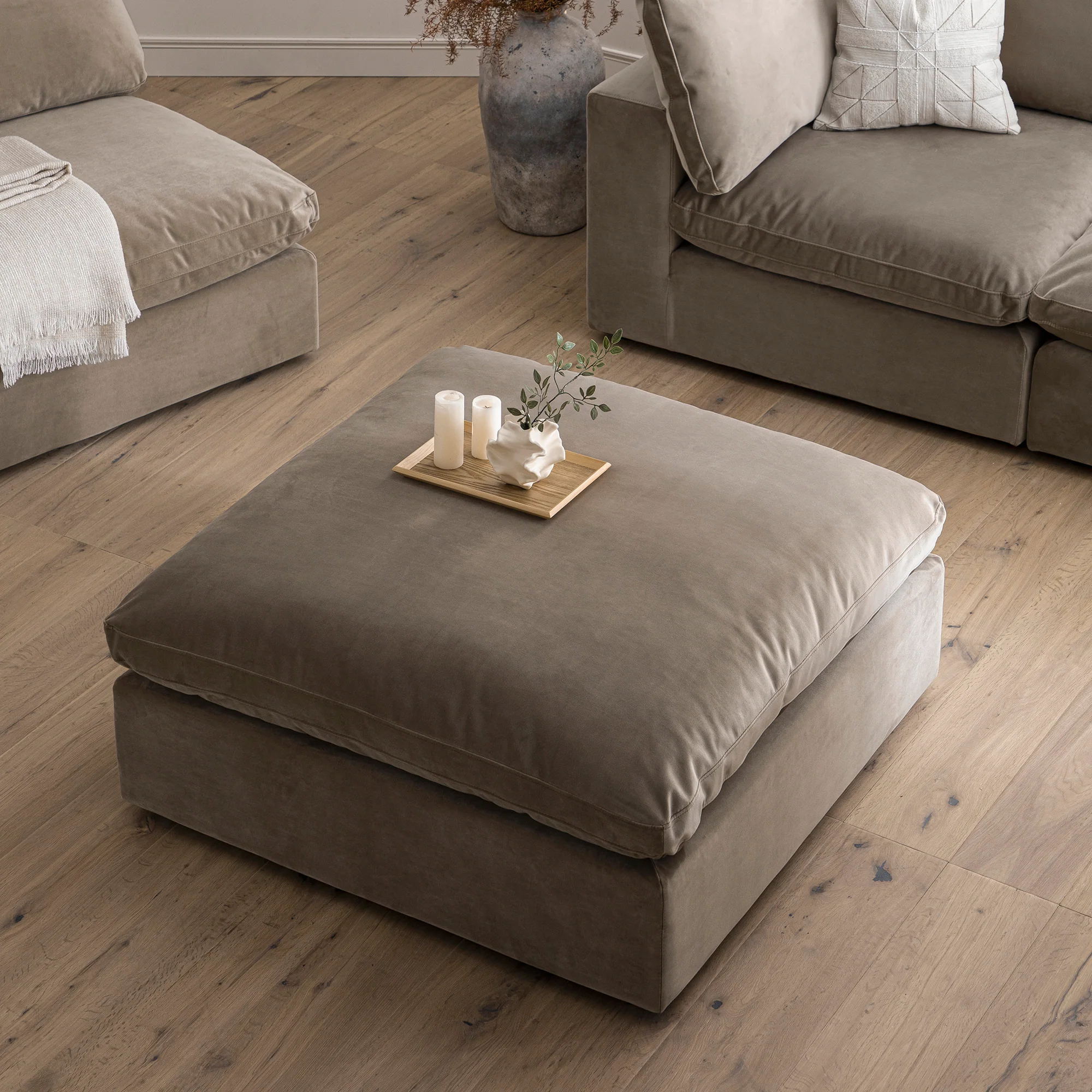 Lutyens Taupe Velvet Modular Sofa, Stool - Image 3
