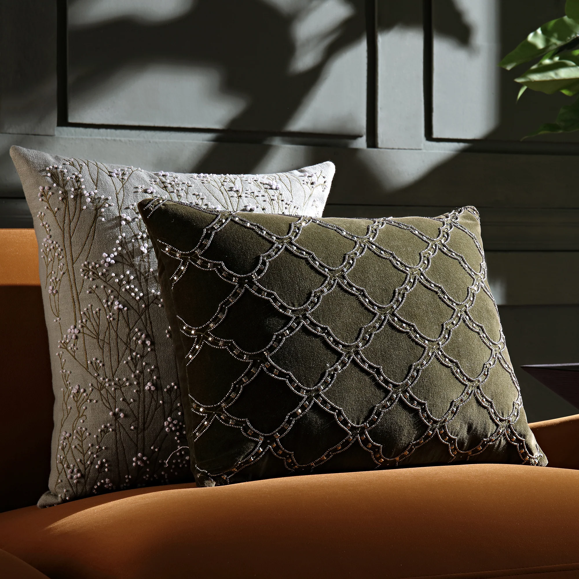 Luxe Collection Greta Beaded Moss Green Cotton Velvet Cushion - Image 2