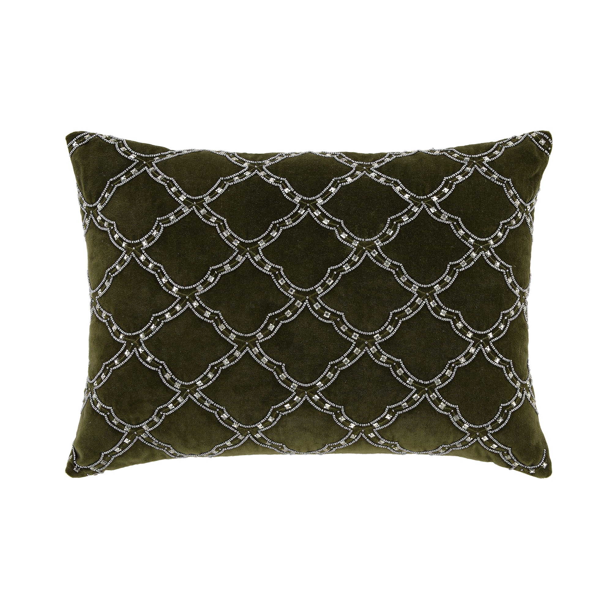 Luxe Collection Greta Beaded Moss Green Cotton Velvet Cushion - Image 4