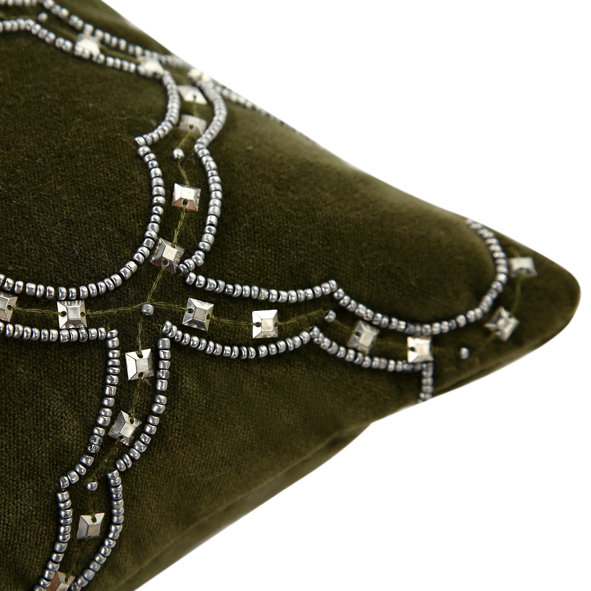 Luxe Collection Greta Beaded Moss Green Cotton Velvet Cushion - Image 5