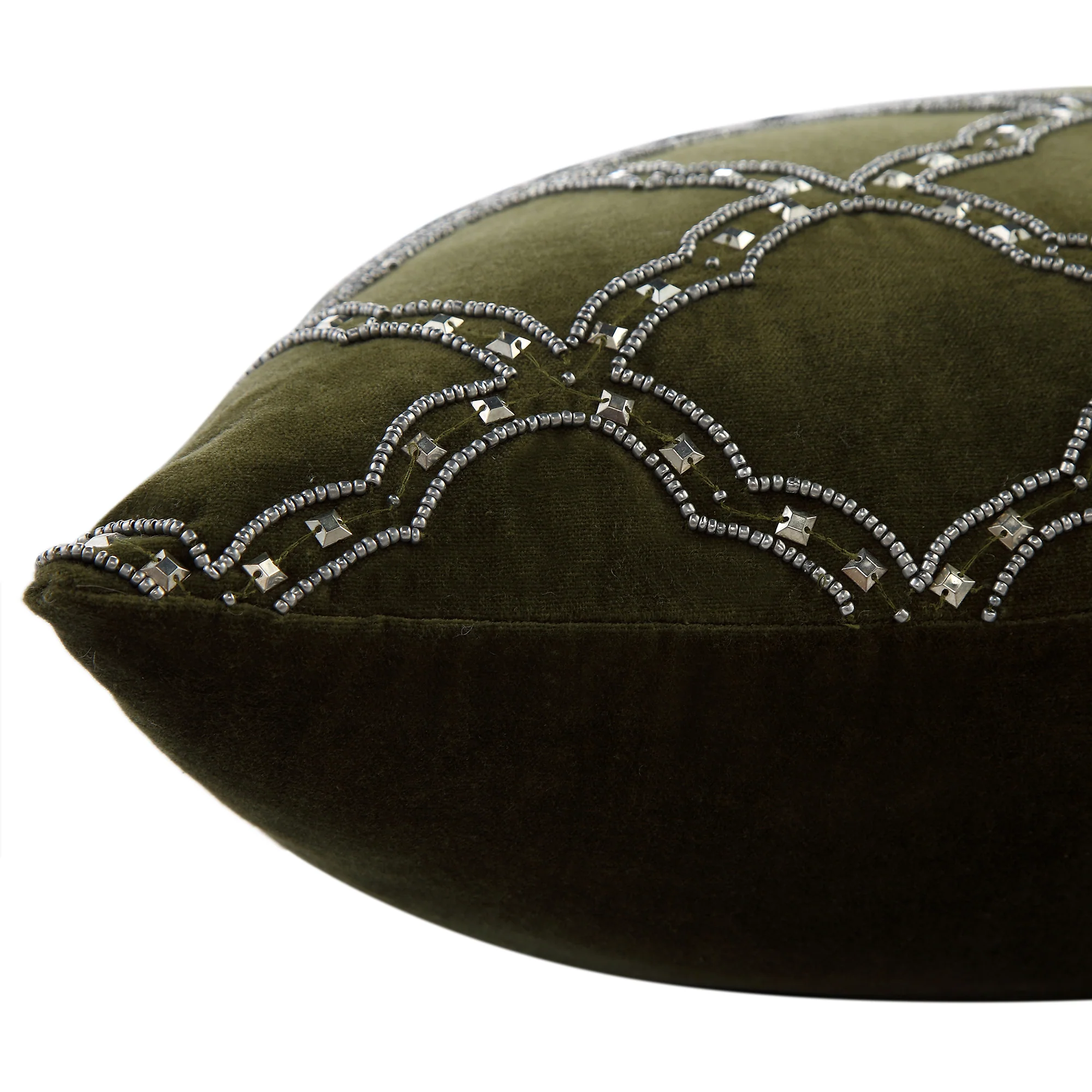 Luxe Collection Greta Beaded Moss Green Cotton Velvet Cushion - Image 7