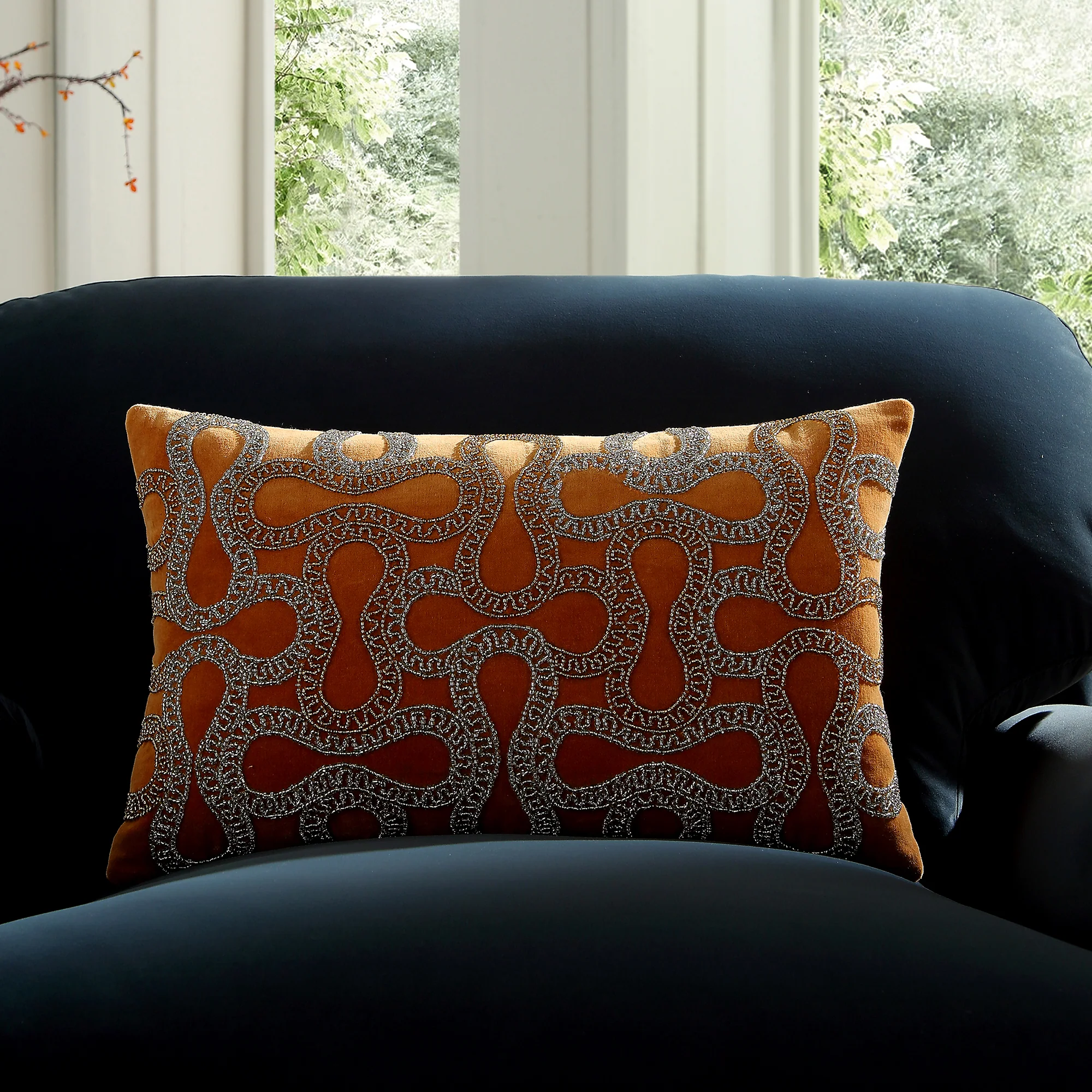 Luxe Collection Orla Hand Beaded Apricot Cotton Velvet Cushion - Image 2