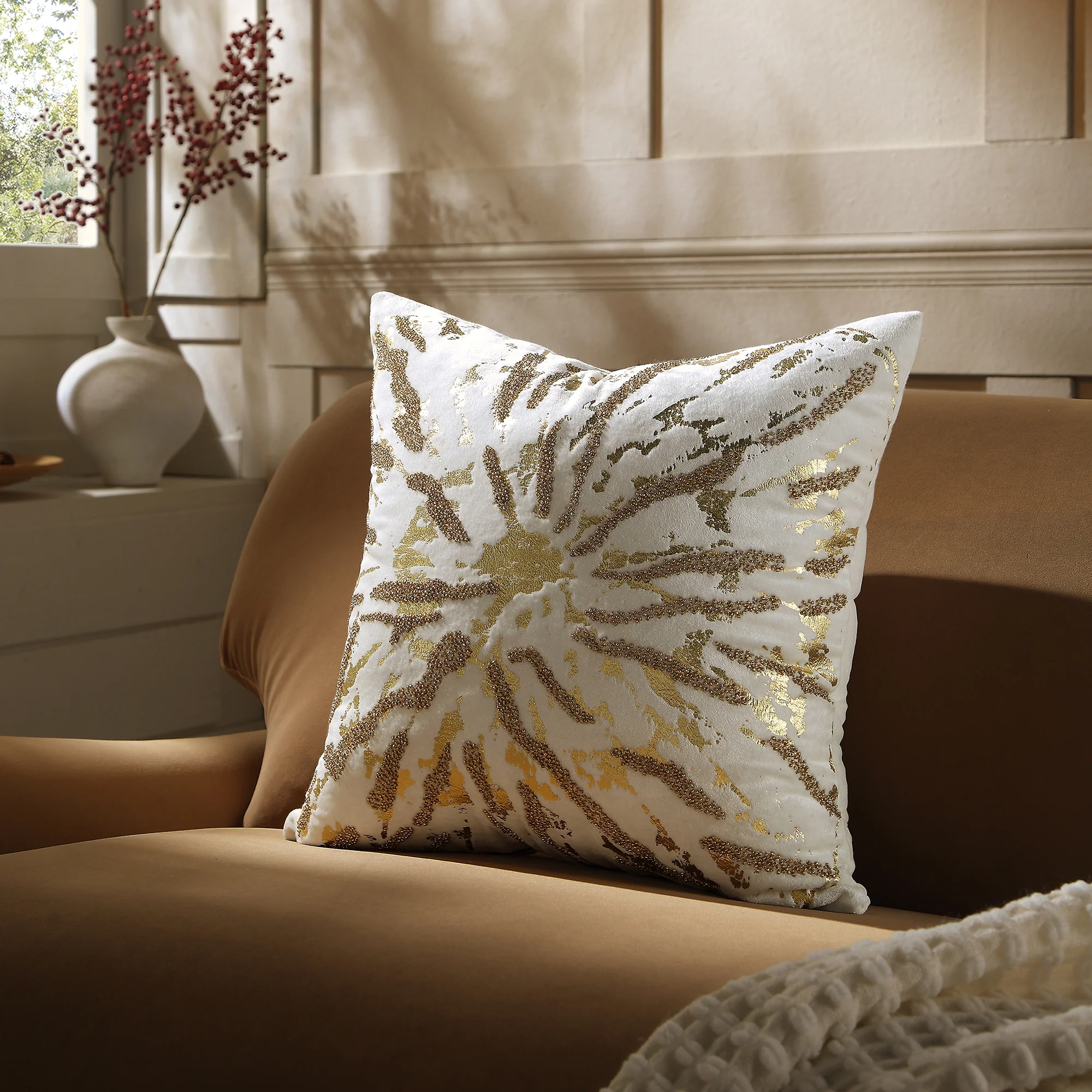 Luxe Collection Starburst Gold Foil Hand Beaded Velvet Cushion - Image 2