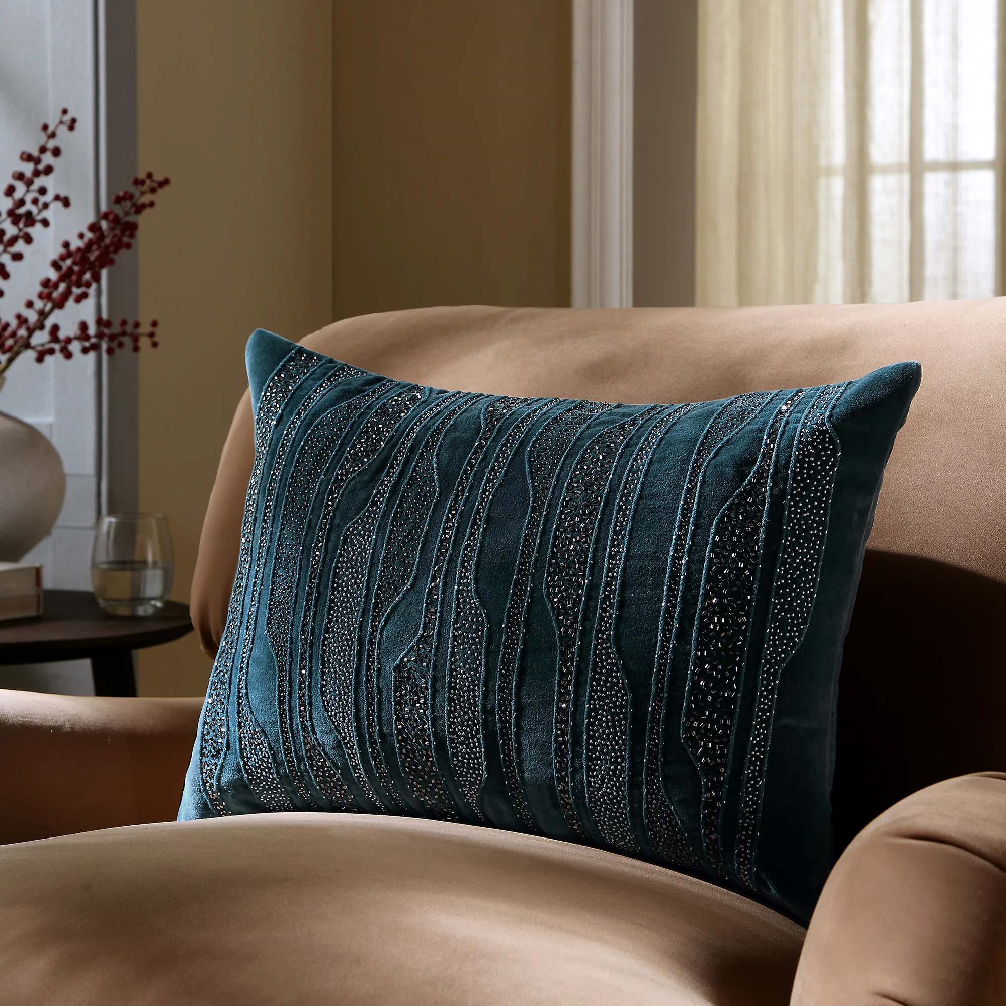 Luxe Collection Zita Beaded Teal Cotton Velvet Cushion - Image 2