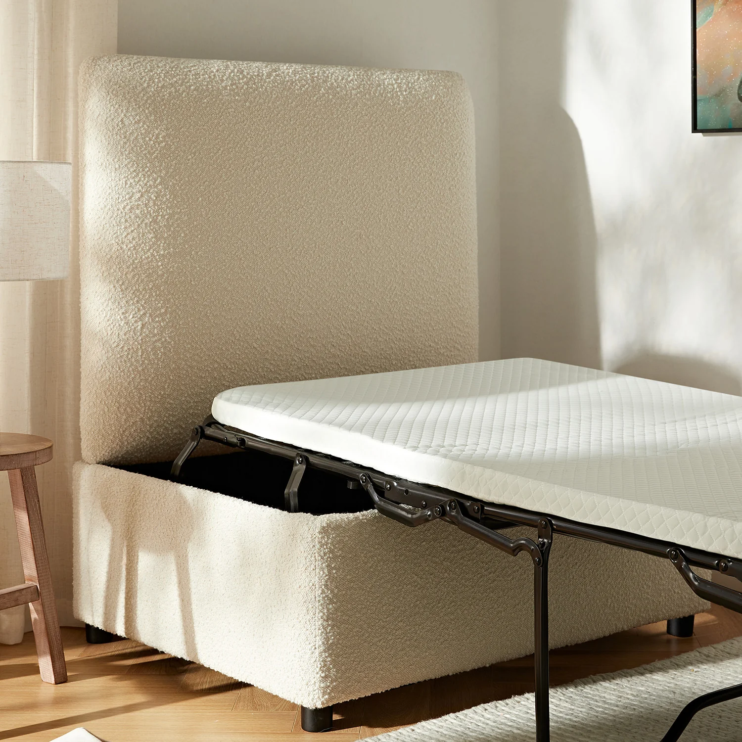 Magda Fold-Out Single Bed in an Ottoman, Beige Boucle - Image 10
