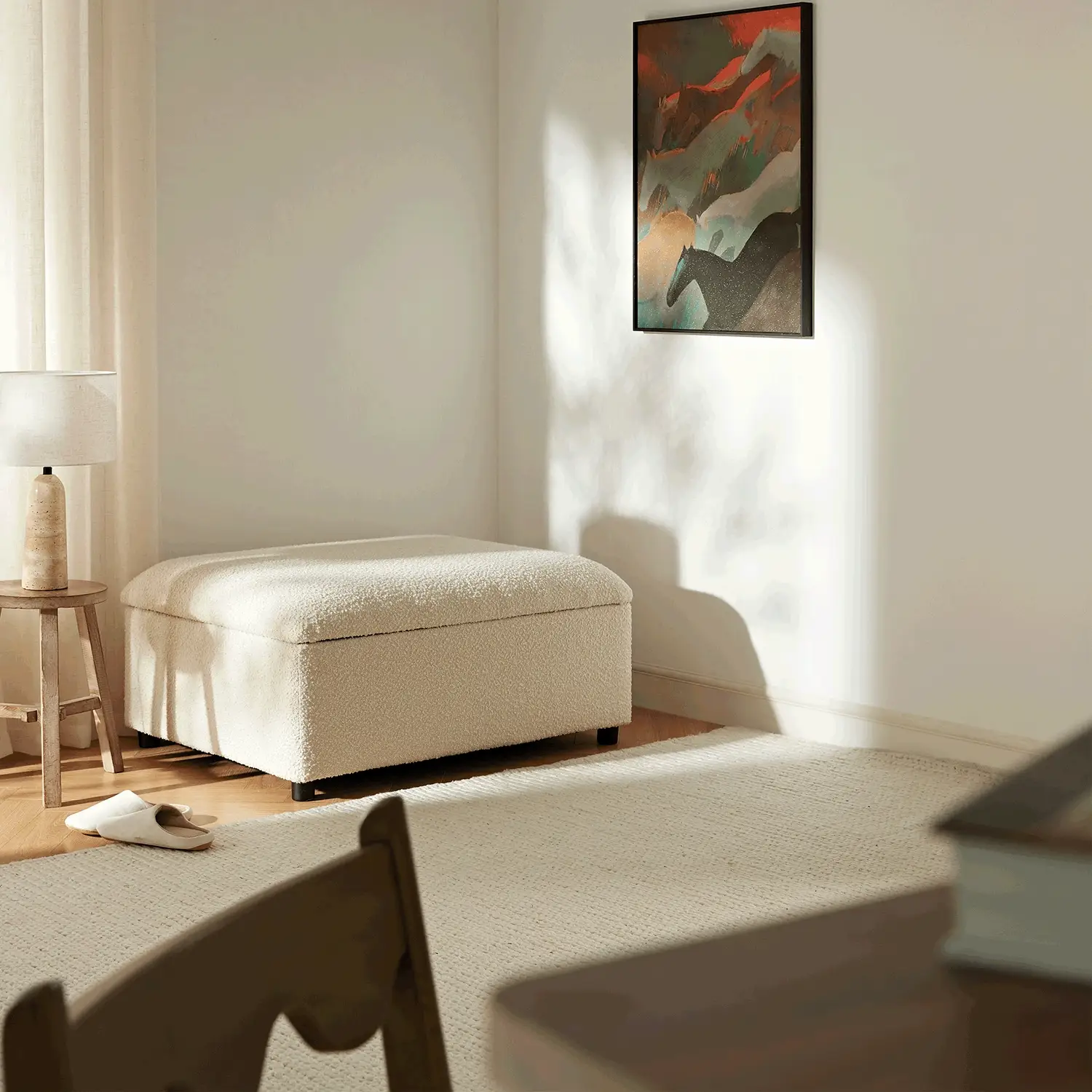 Magda Fold-Out Single Bed in an Ottoman, Beige Boucle - Image 2