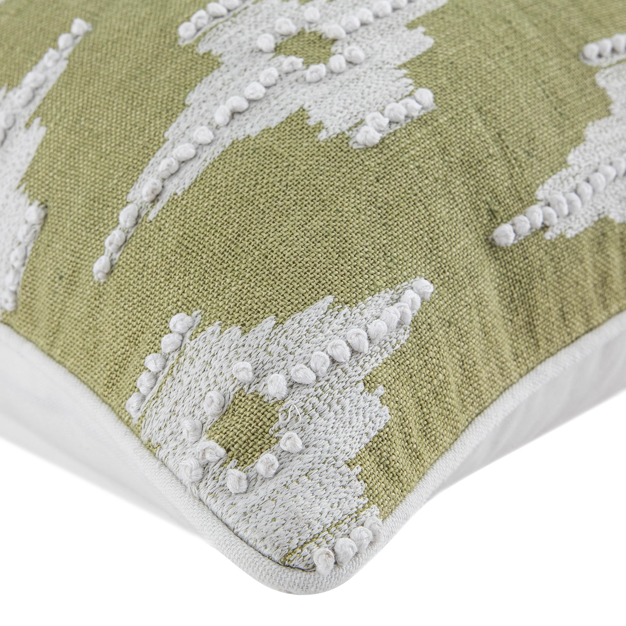 Mahika Ikat Sage Green French Knot Linen Cushion - Image 4