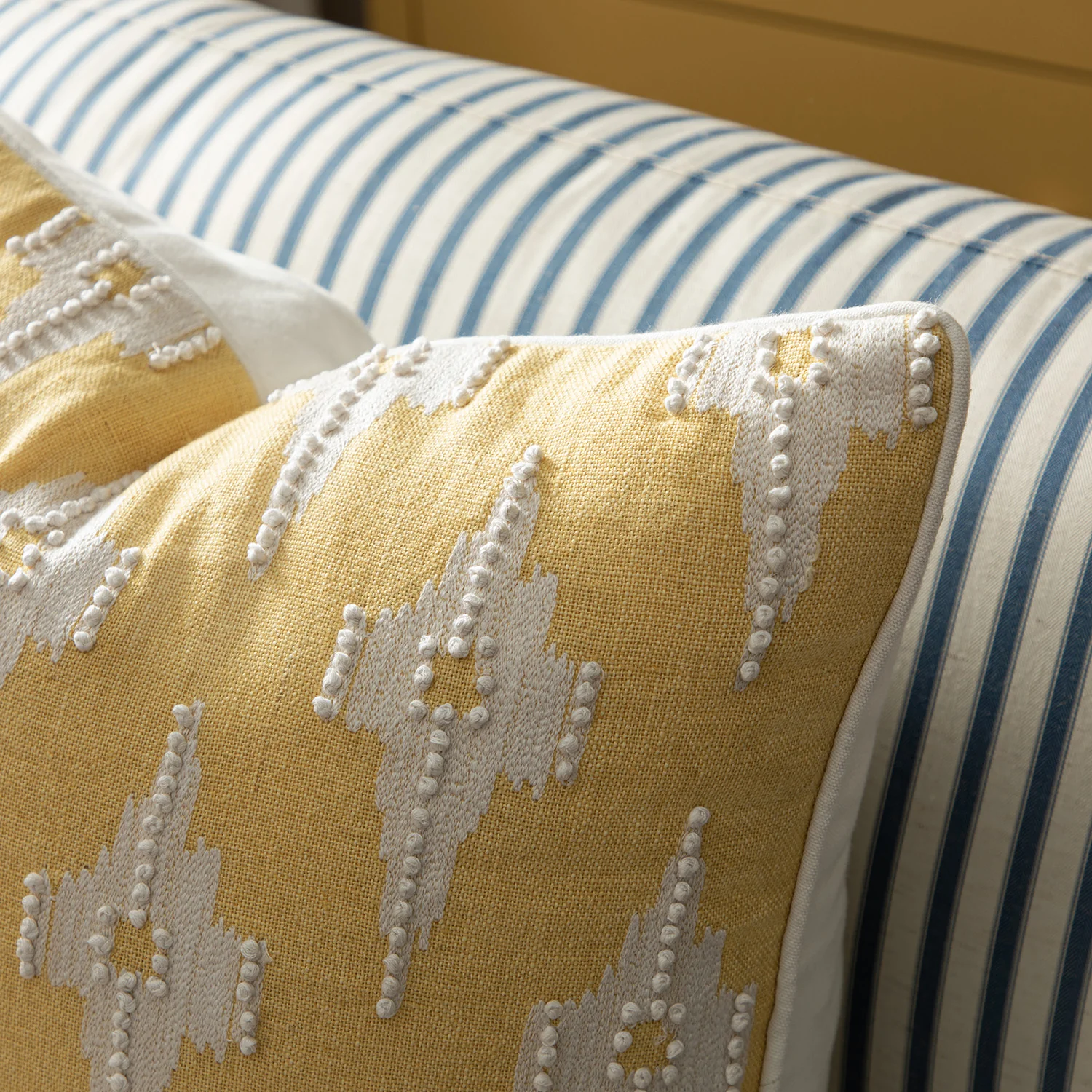Mahika Ikat Yellow French Knot Linen Cushion - Image 4