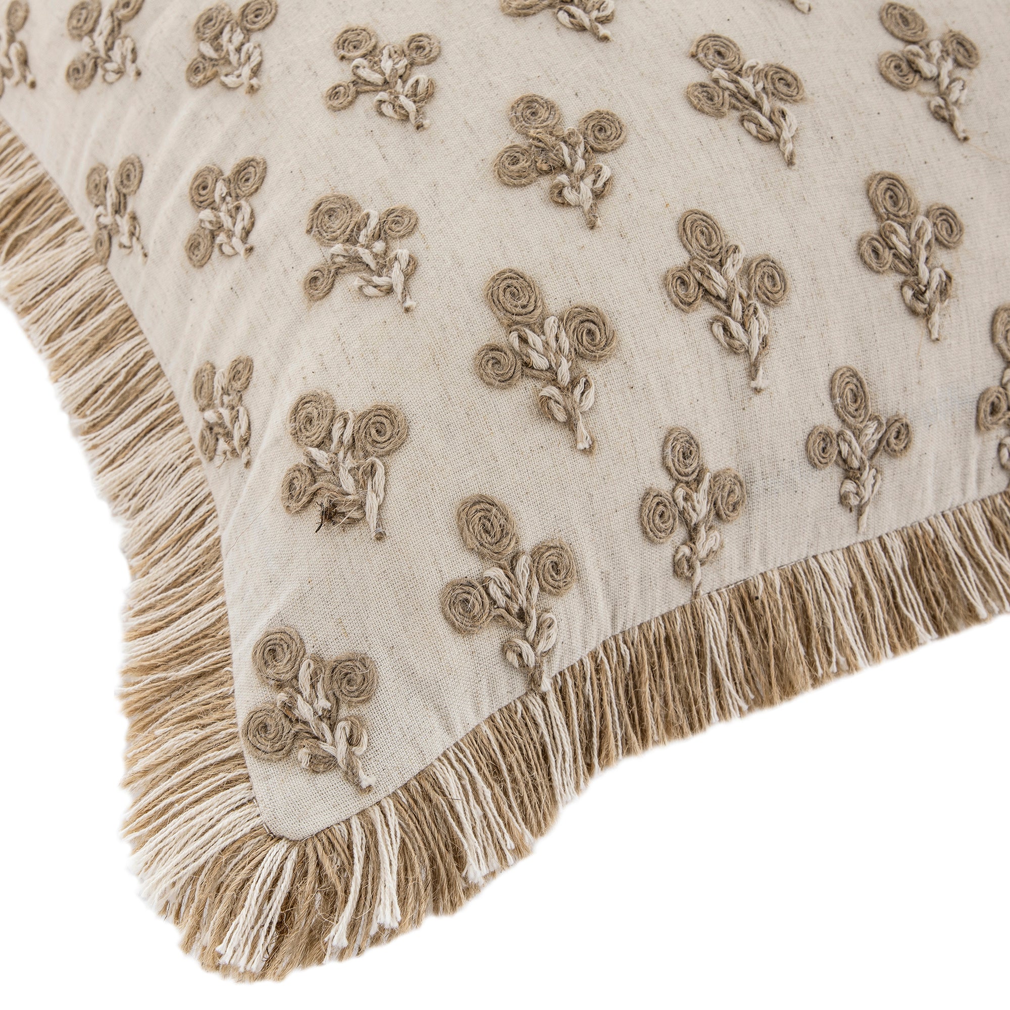 Maison Neutral Betsy Jute Floral Fringed Cushion - Image 6