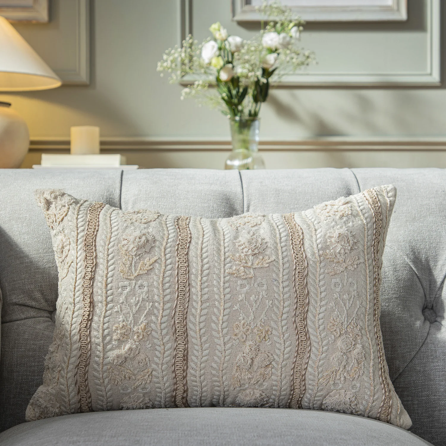 Maison Neutral Sophia Jute Lace Embroidered Cushion - Image 2
