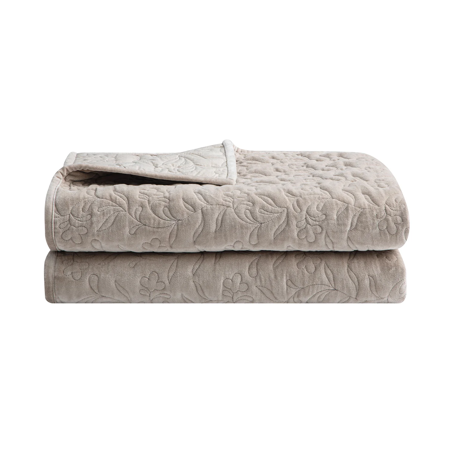 Maison Taupe Floral Quilted Cotton Velvet Bedspread - Image 2