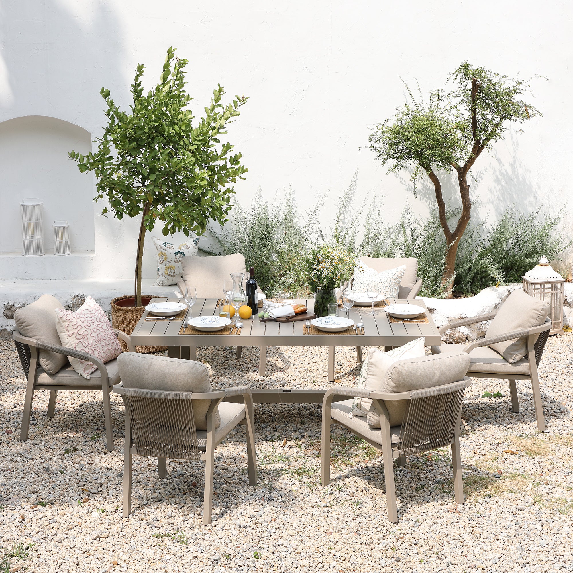 Manresa Rope 6-Seater Rectangular Dining Set, Taupe and Beige - Image 4