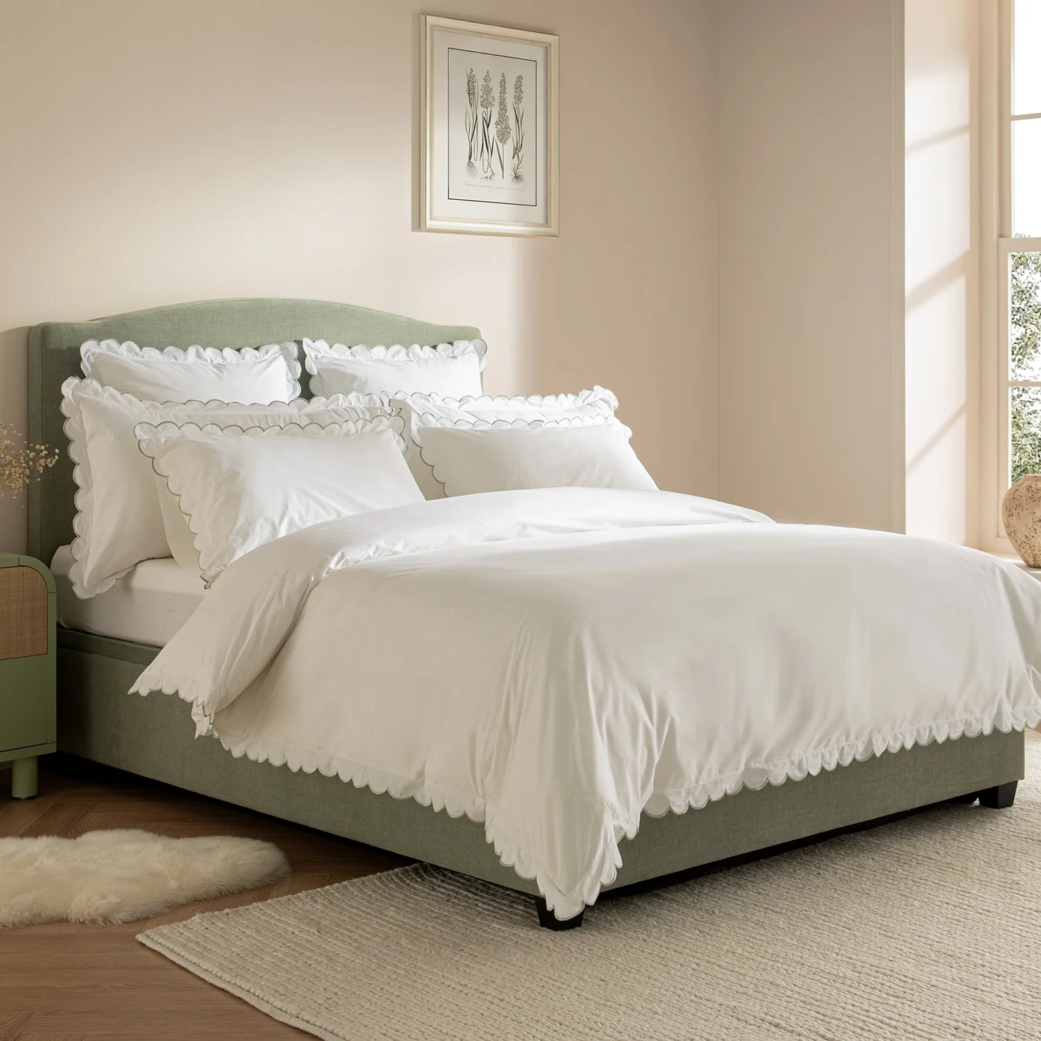 Margot Pistachio Green Embroidered Scallop 300 Thread Count Cotton Percale Duvet Set - Image 2