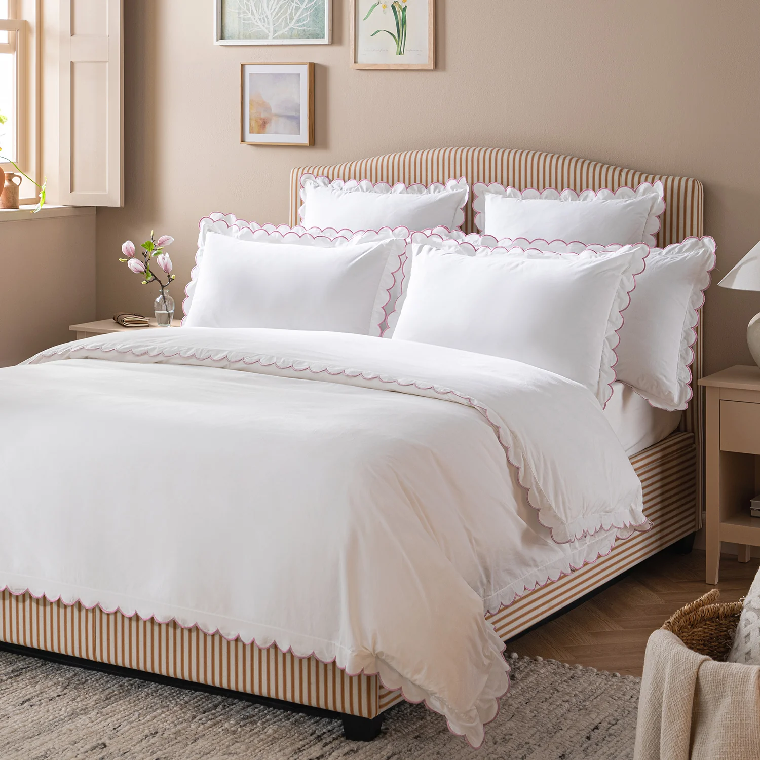 Margot Rose Pink Embroidered Scallop 300 Thread Count Cotton Percale Duvet Set - Image 2