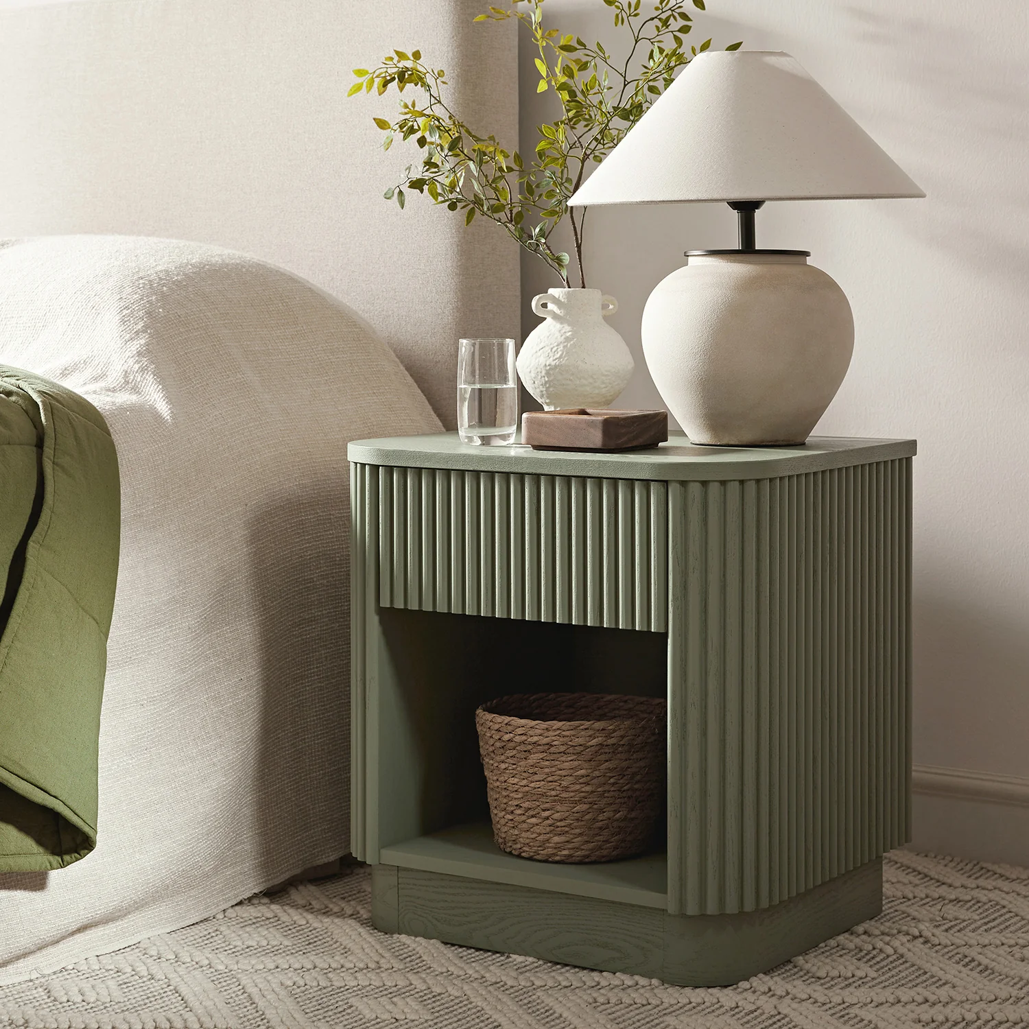 Maru 1-Drawer Bedside Table, Sage Green - Image 2
