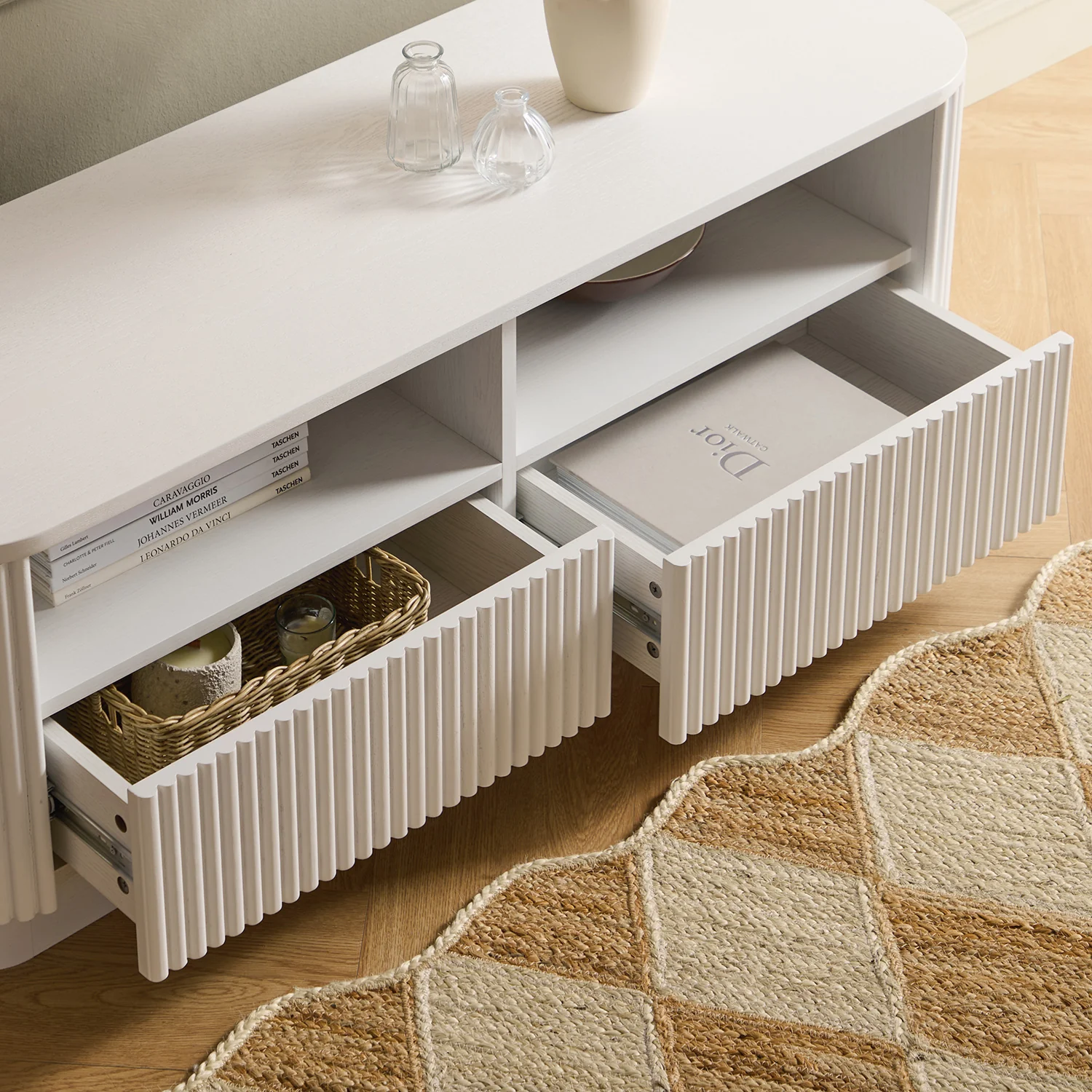 Maru 120cm TV Unit with Drawers, Washed White - Image 3